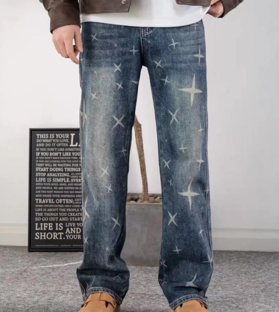 Men’s Denim Blue Jeans Printed Retro Casual Pants Punk Hip Hop Trousers Straight