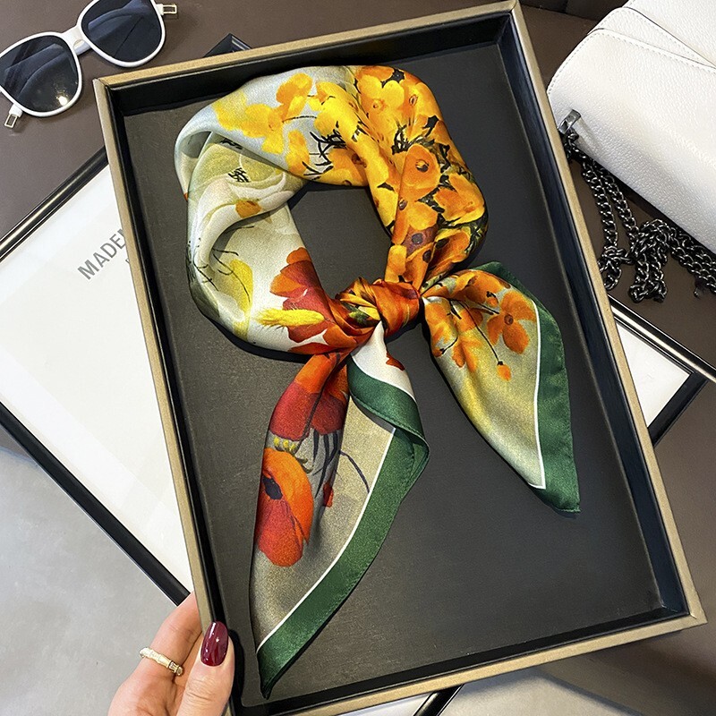100% Silk Mulberry 27″ Square Scarf Women Vintage Neckerchief Wrap Orange Flower
