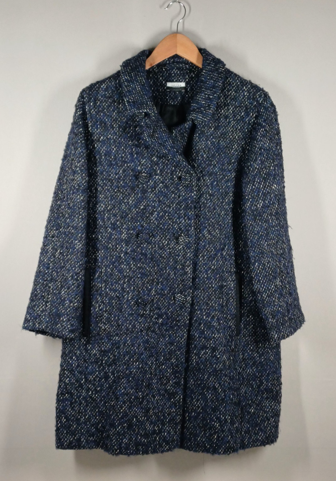 Jaeger Overcoat Womens Medium Navy Blue Virgin Wool Alpaca Blend Double Breasted