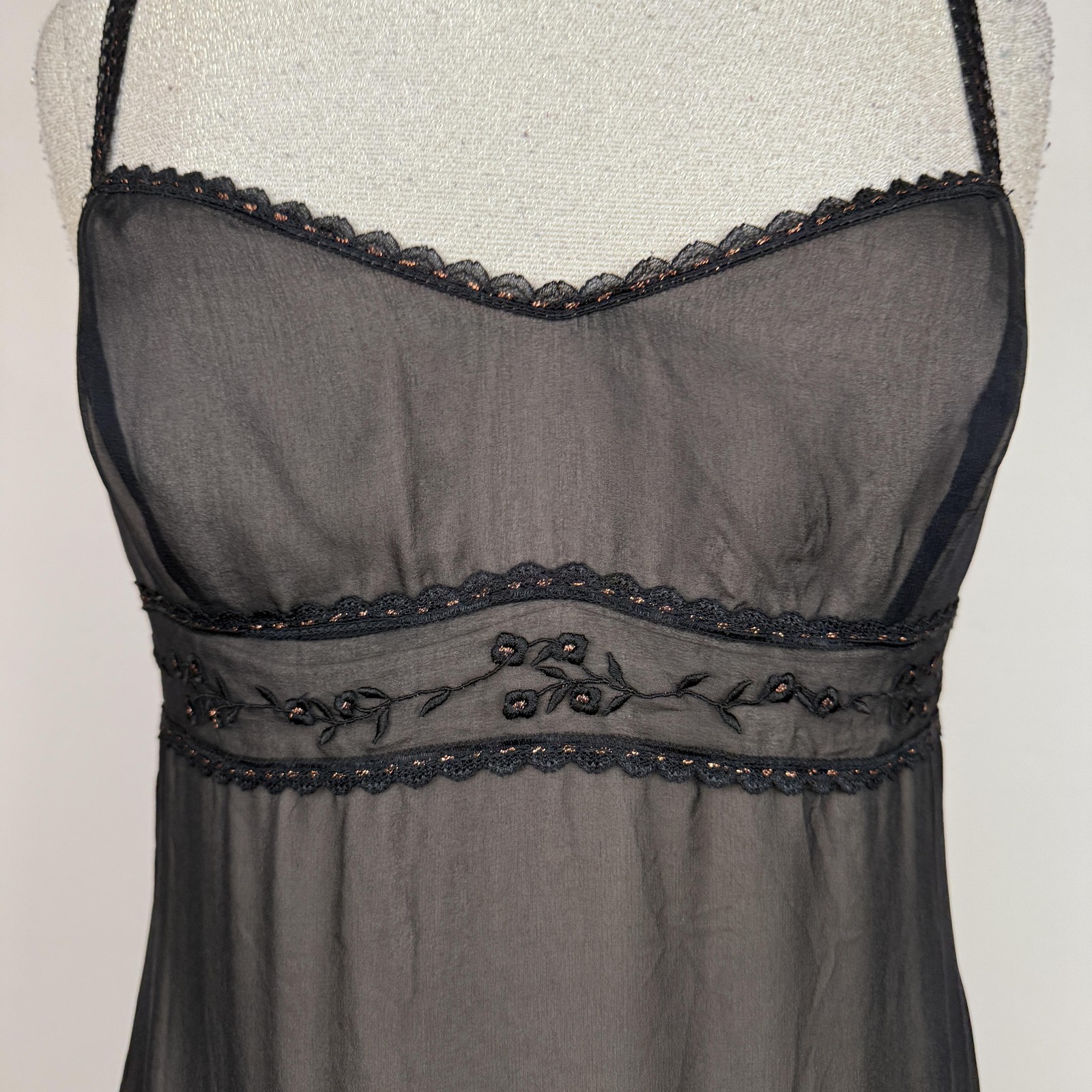 Vtg Laundry By Shelli Segal Full Slip Womens 10 Black Silk Embroidered 90s Fairy