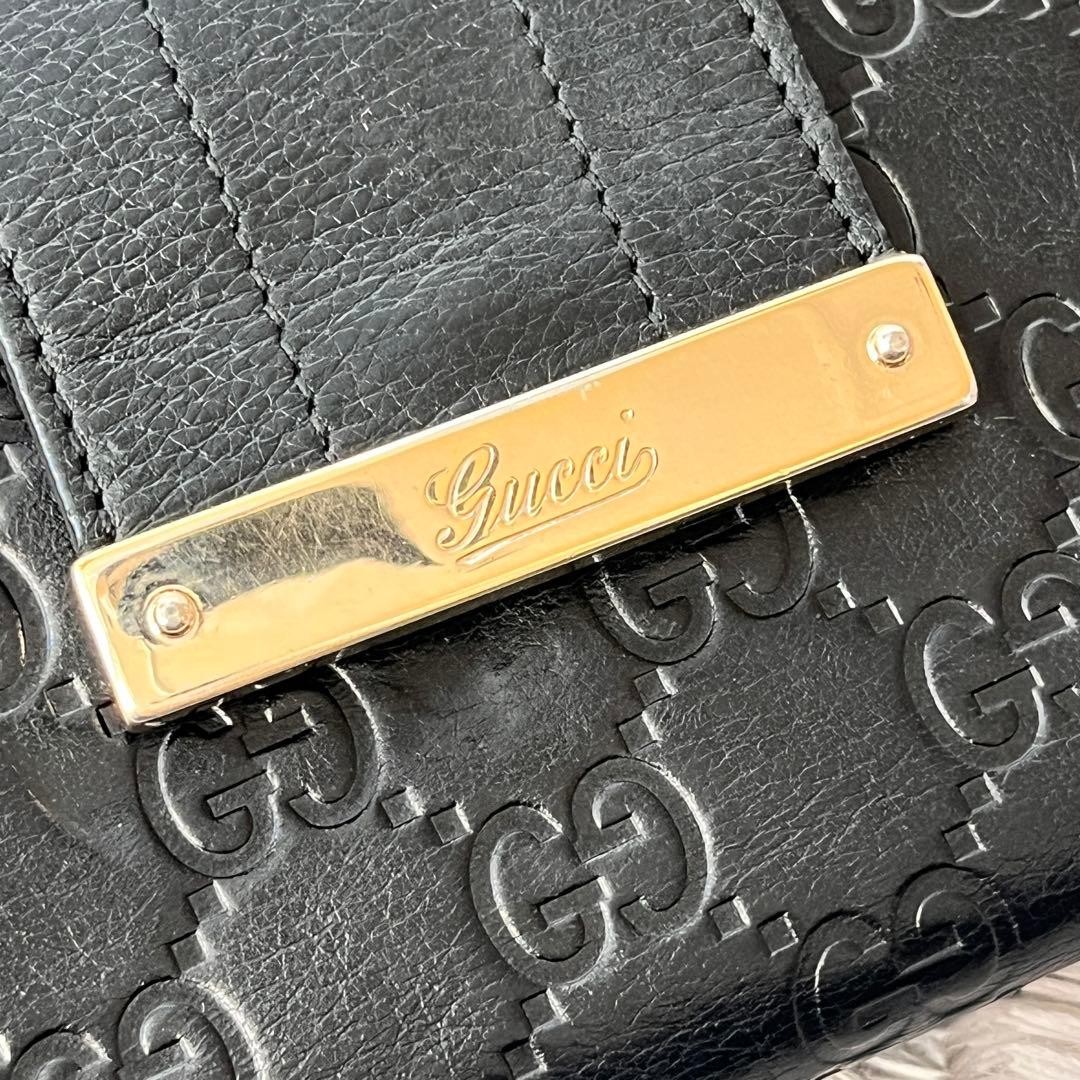 Beautiful Condition GUCCI Shima Logo Plate Gold Folding Wallet Black