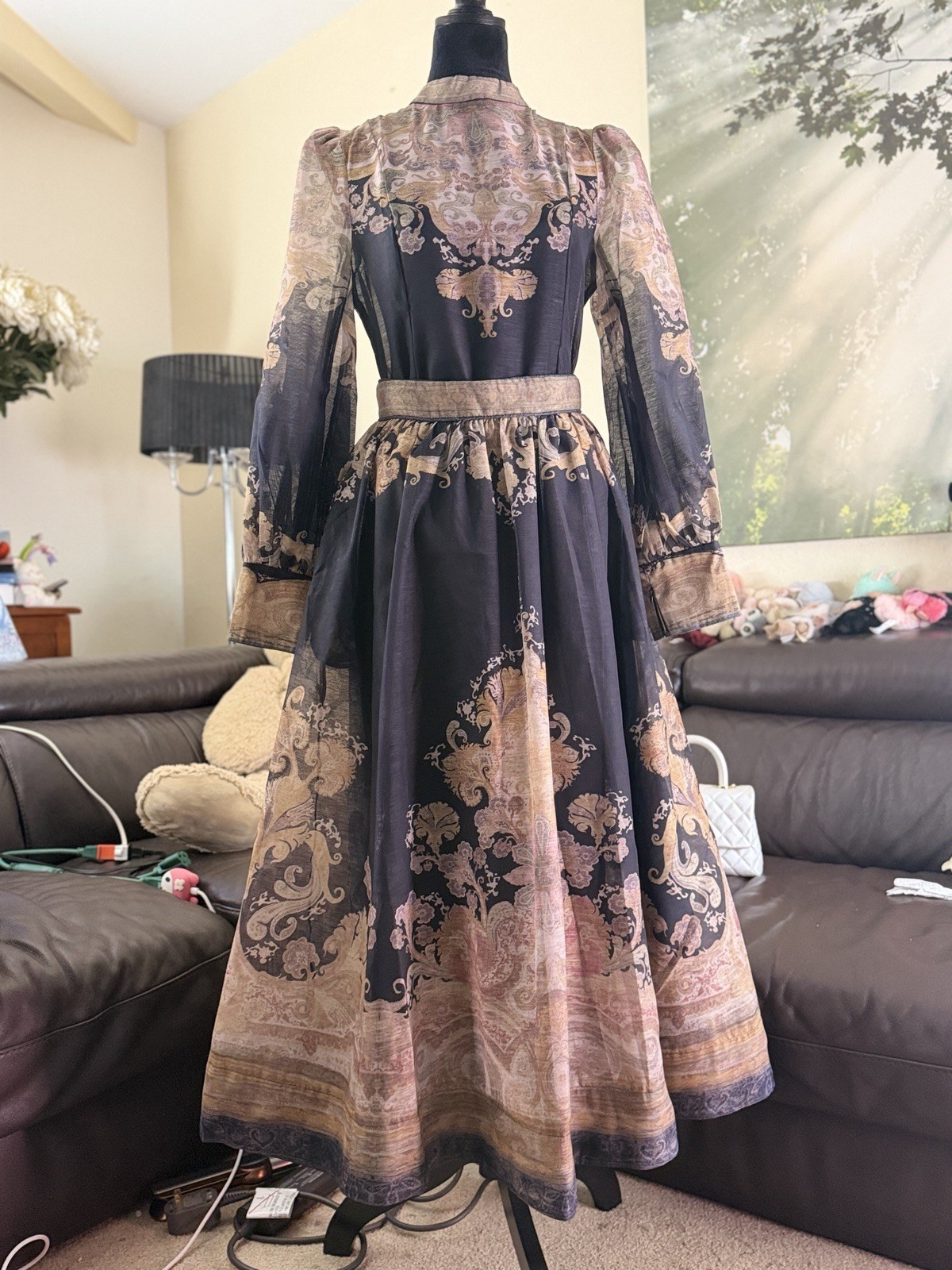 Women’s 2 piece set Black Beige Paisley Chiffon Maxi Dress High Neck Puff Sleeve