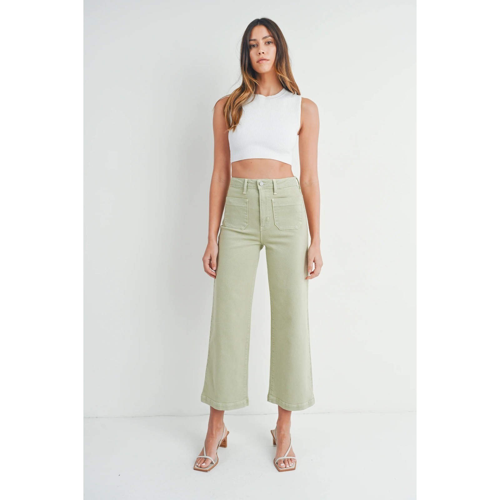 Just Black Denim The Sailor Pocket Wide Leg Jeans Sage Green Made in USA Size 29
