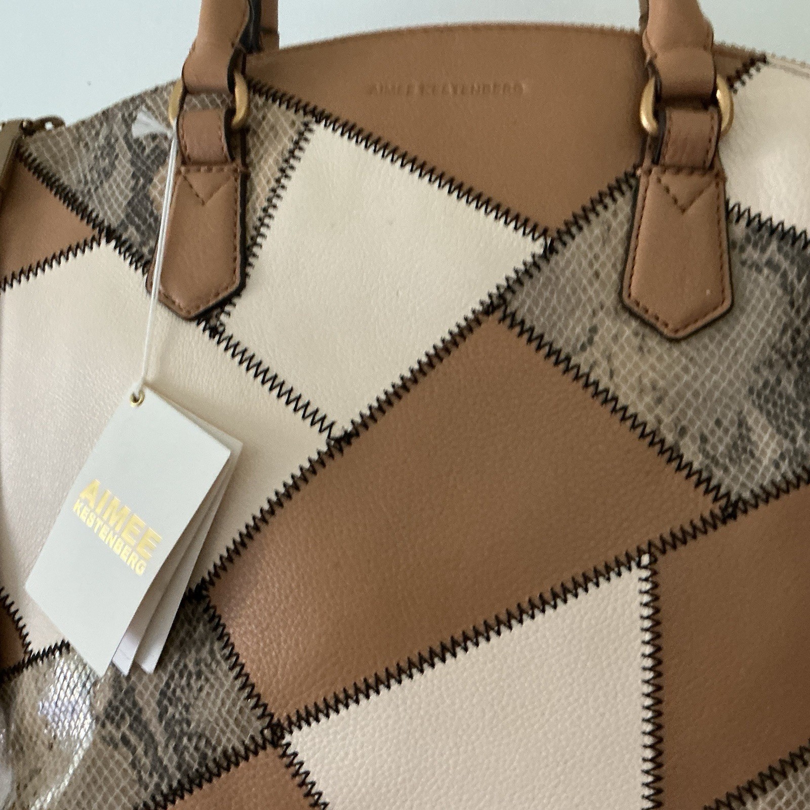 NWT Aimee Kestenberg Cream Tan Snake-Print Stitching Convertible Satchel MNF$248