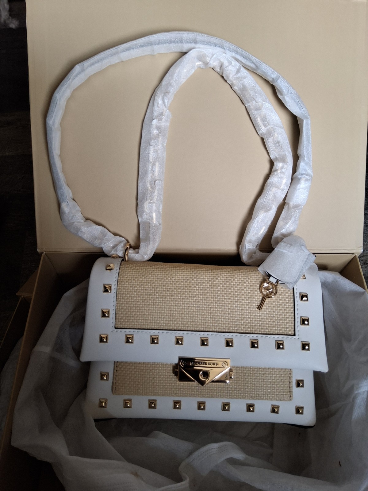 MICHAEL KORS CECE MEDIUM STUDDED FAUX LEATHER SHOULDER BAG CROSSBODY-OPTIC WHITE