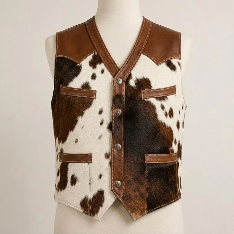 Handmade Cow Hide Leather Vest Brown White Yoke Snap Cowboy Waistcoat