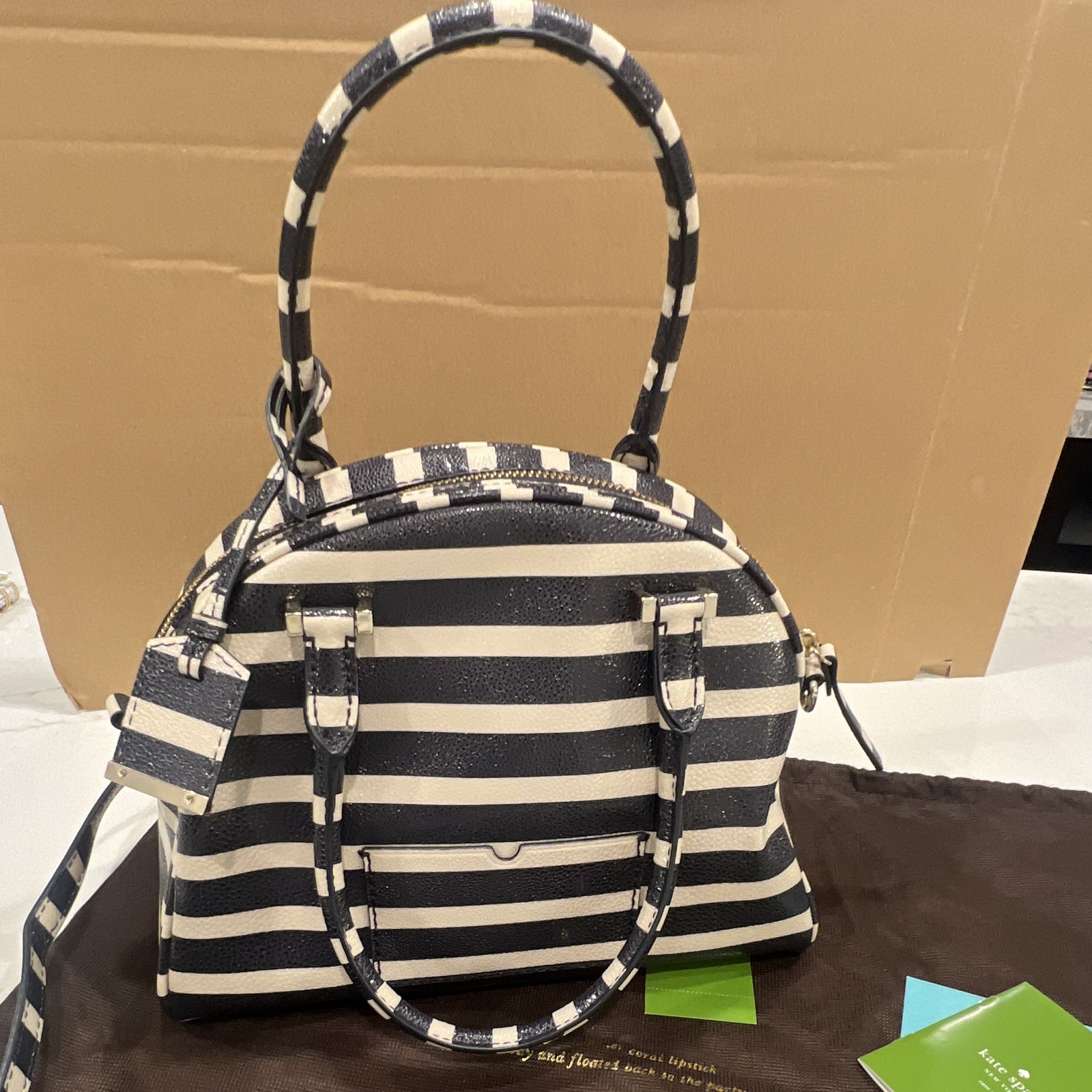 kate spade new york Black/Pebble Striped Satchel Zip, Detachable Strap, Dust Bag