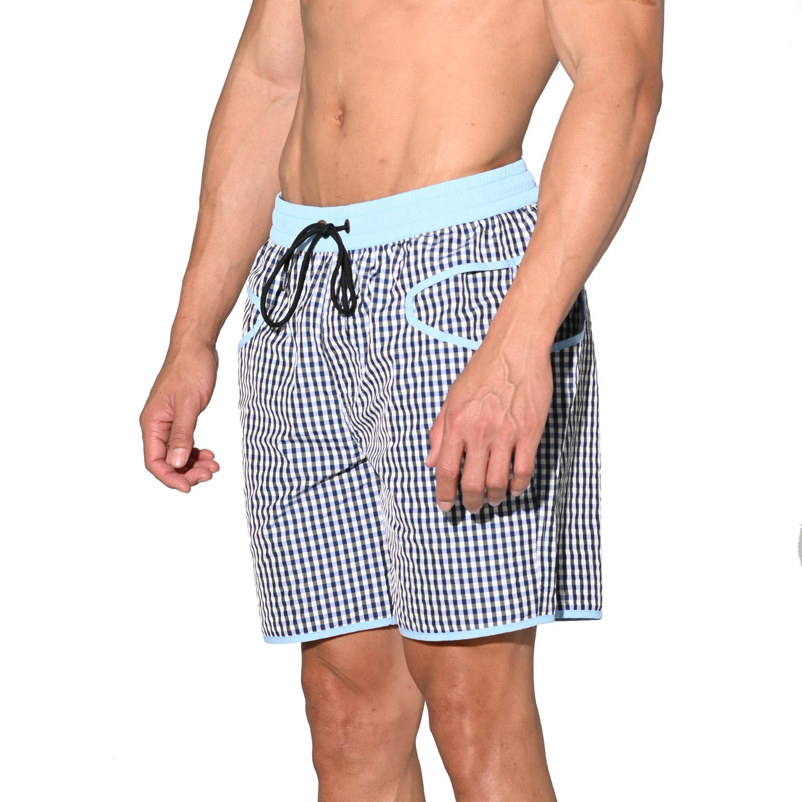 Men’s Lightweight Pocket Board Shorts Fast Dry Surf Lining Swimwear Plaid B4570