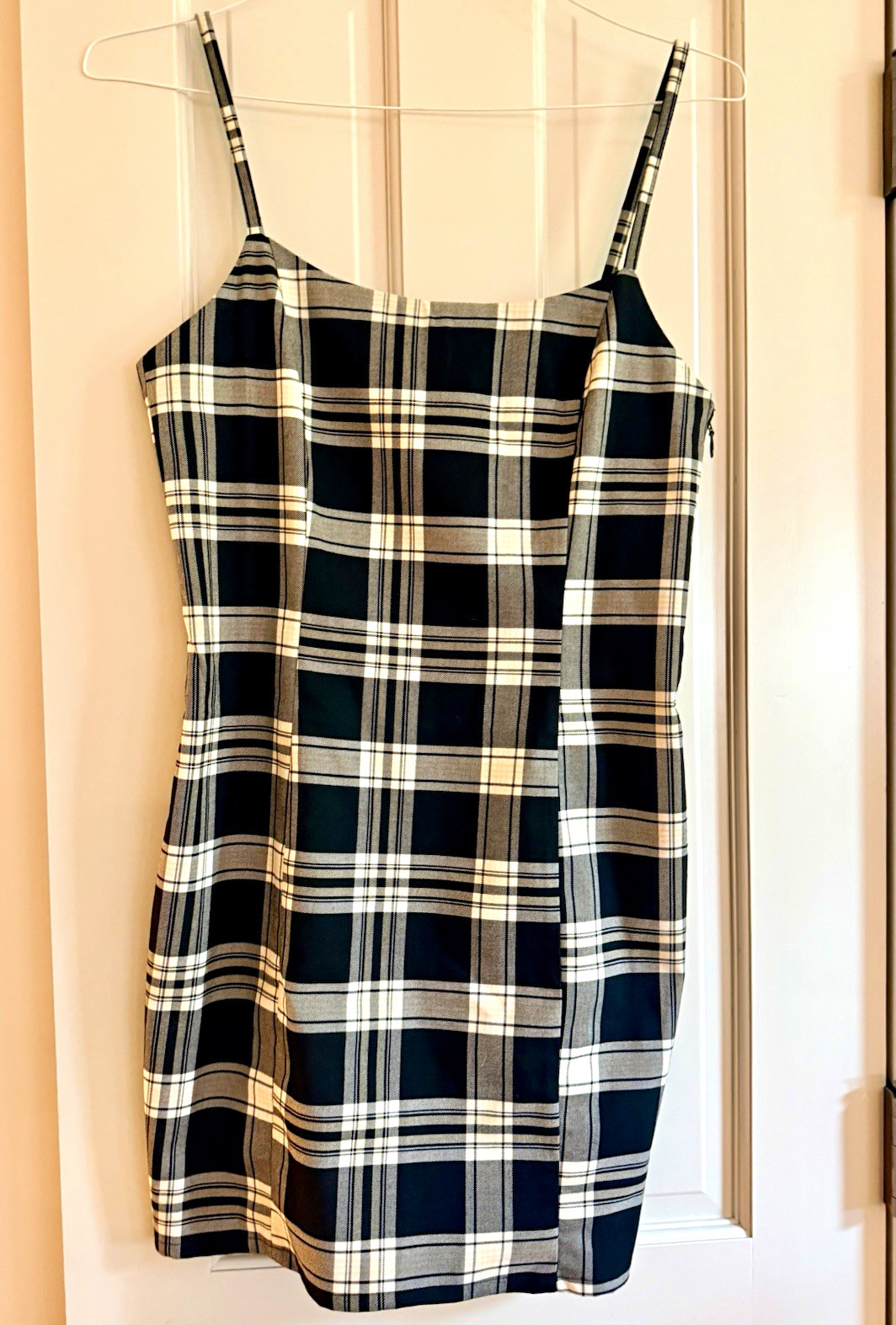 Divided Black & White Plaid Mini Dress Square Neck Strappy Zip, Women M