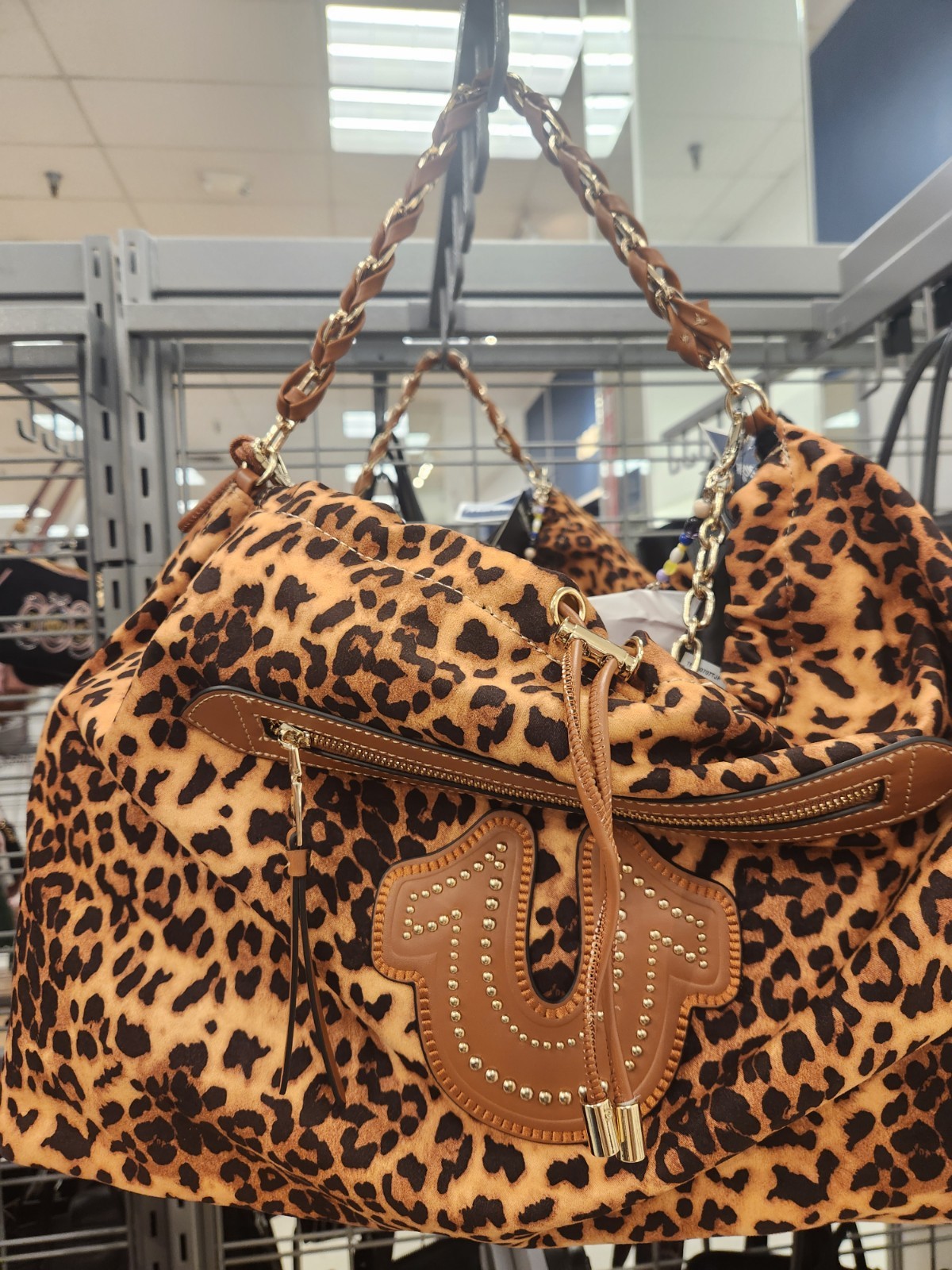 TRUE RELIGION LEOPARD PRINT HORSESHOE CHAIN DANGLE LARGE SHOULDER BAG TRENDY