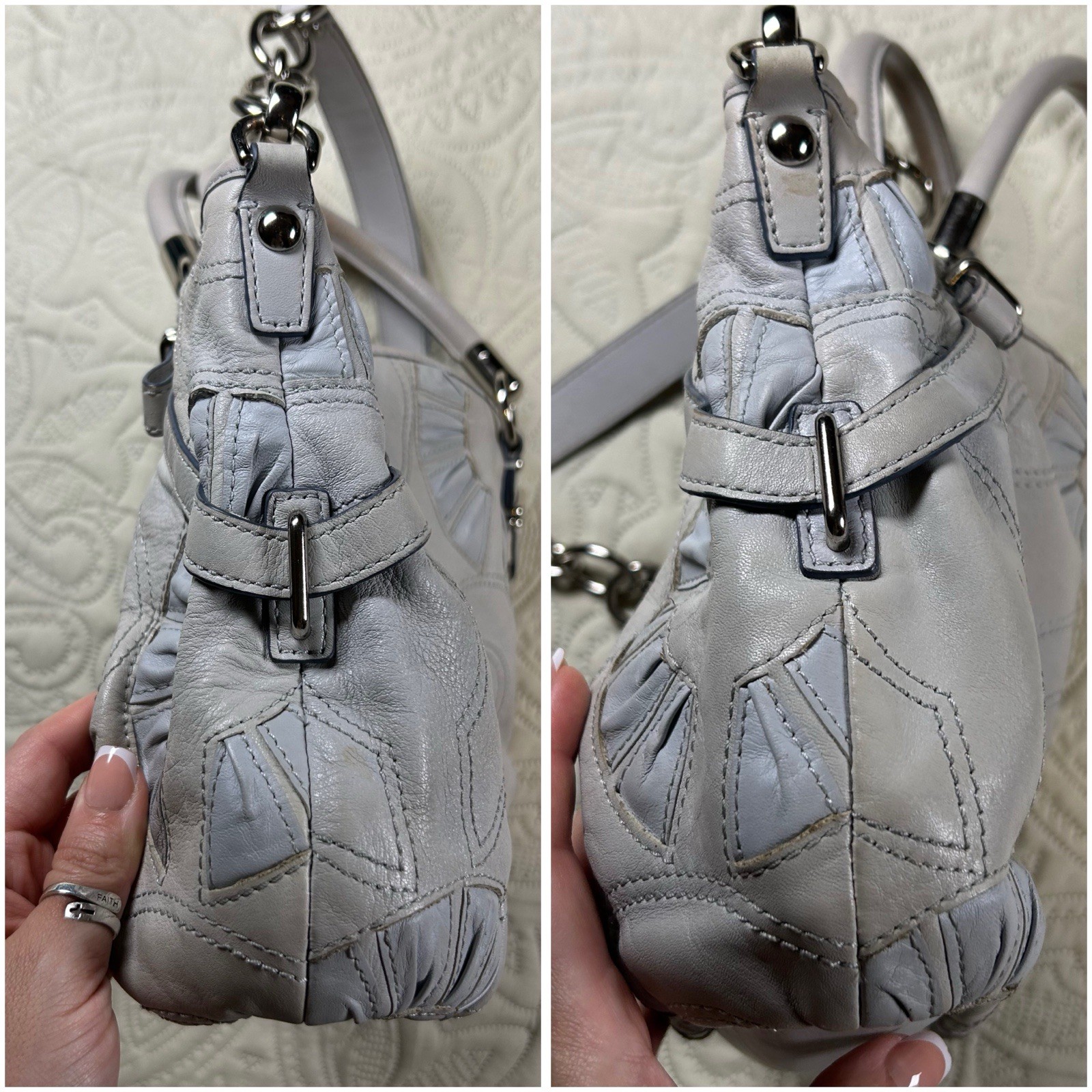 Coach Madison Sophia Leather Pleated C Hand Shoulder Bag Purse Chain Strap Grey