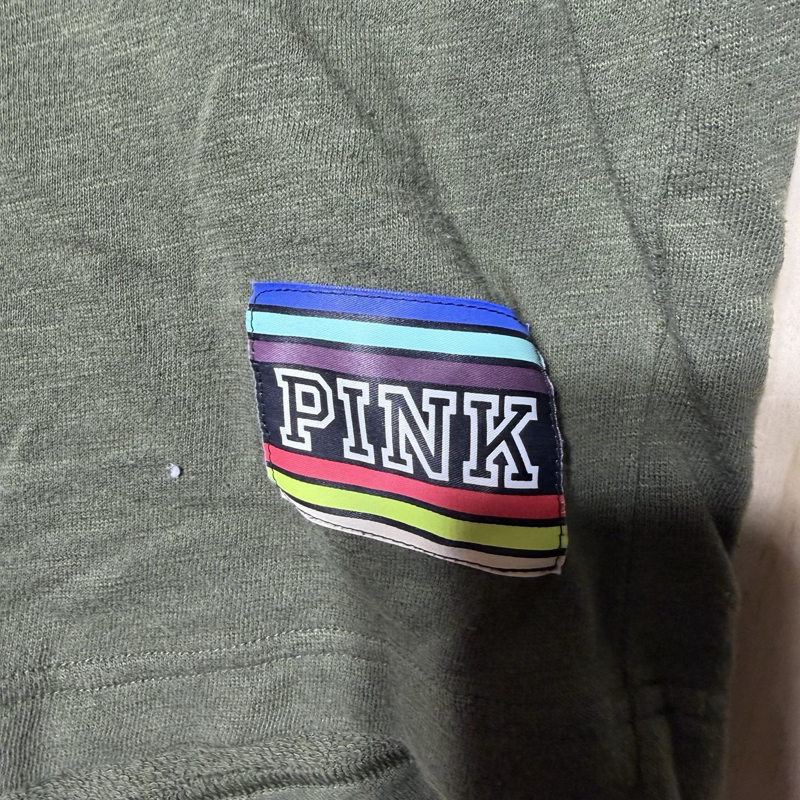 PINK Victoria’s Secret Olive Green Long Sleeve V Neck Top Rainbow Logo S