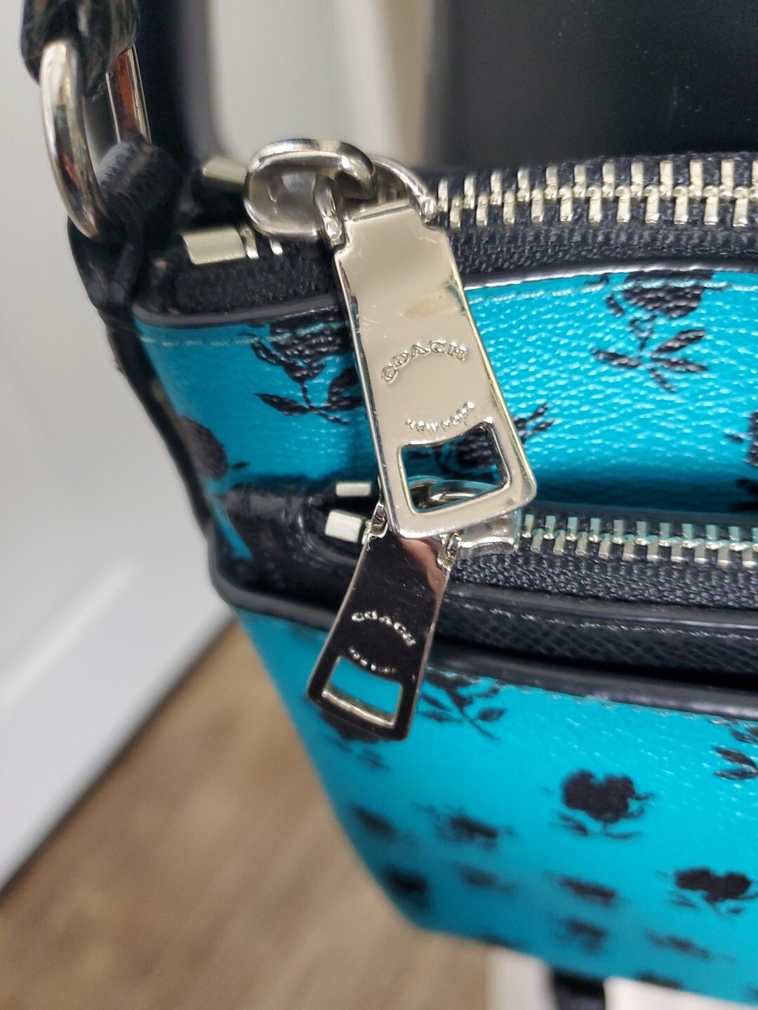 COACH Leather Floral Badlands Print Crossbody Bag Turquoise Blue Green Black