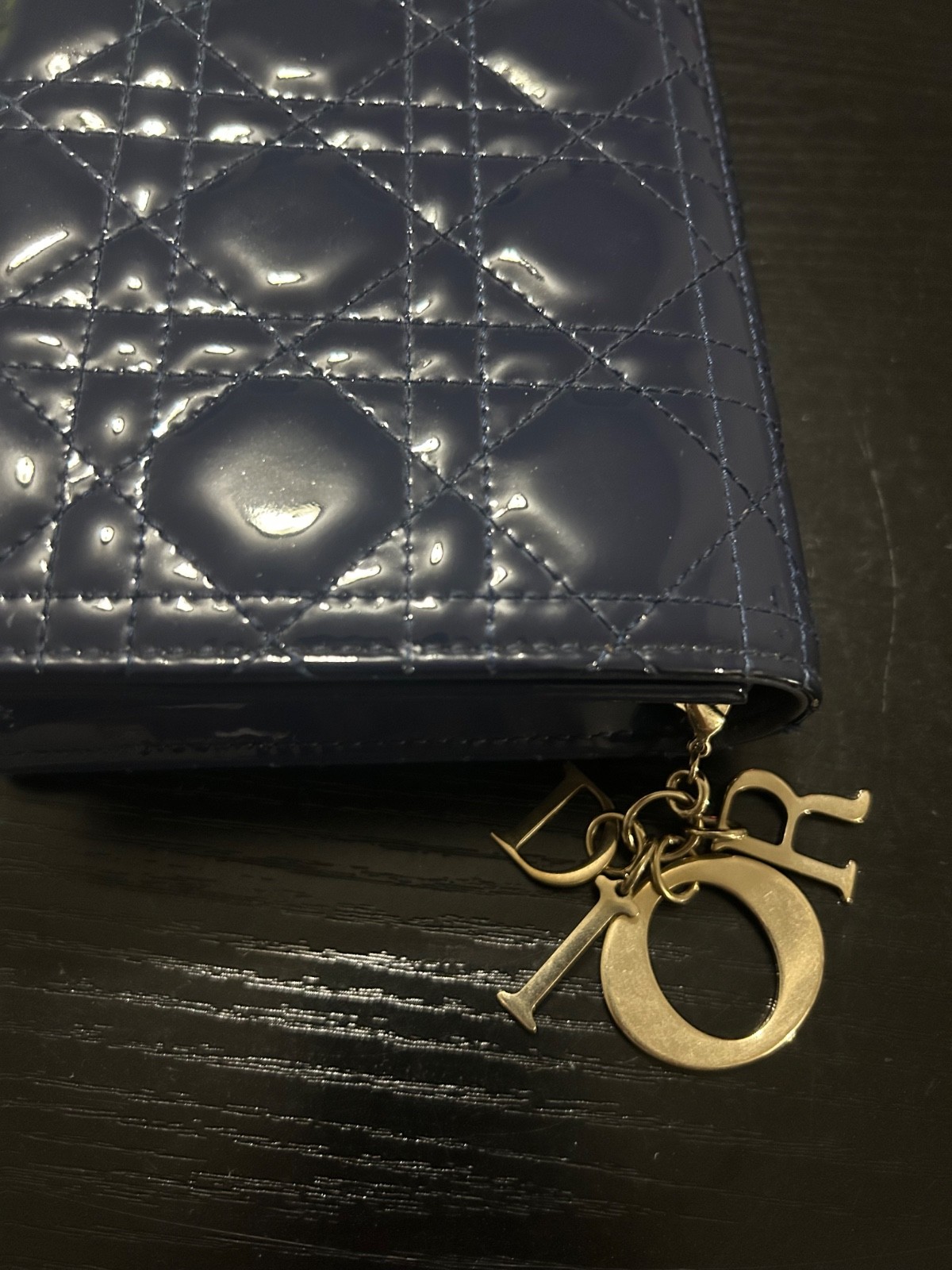 Christian Dior Lady Dior Cannage Patent Leather WOC Chain Bag Navy Blue