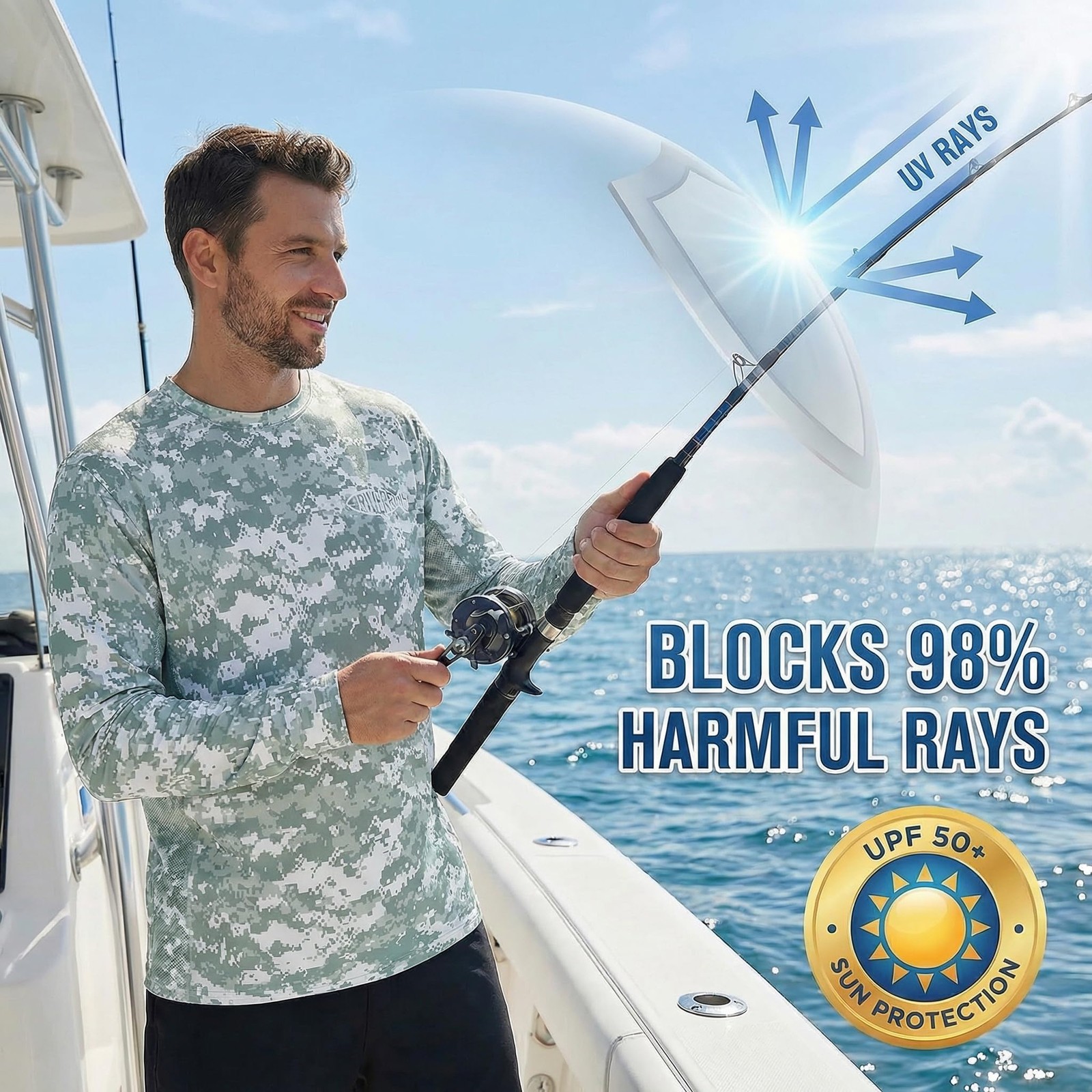 UPF 50+ Fishing Shirt for Men, Quick Dry Long Sleeve Rash Guard with Mesh Panels
