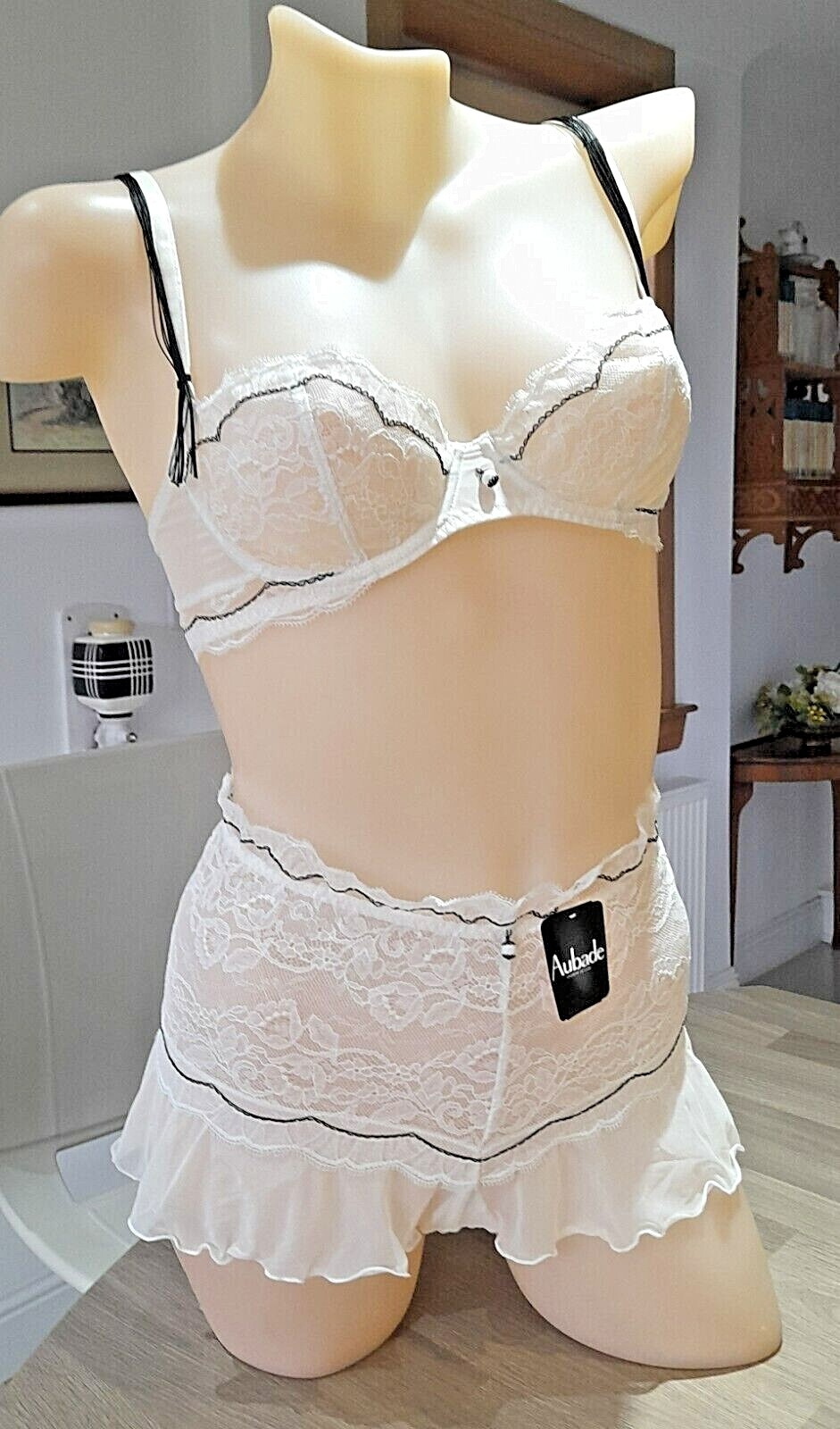 Aubade Ivory/Black Collection CHAR Sheer Lace/Mesh French Knickers