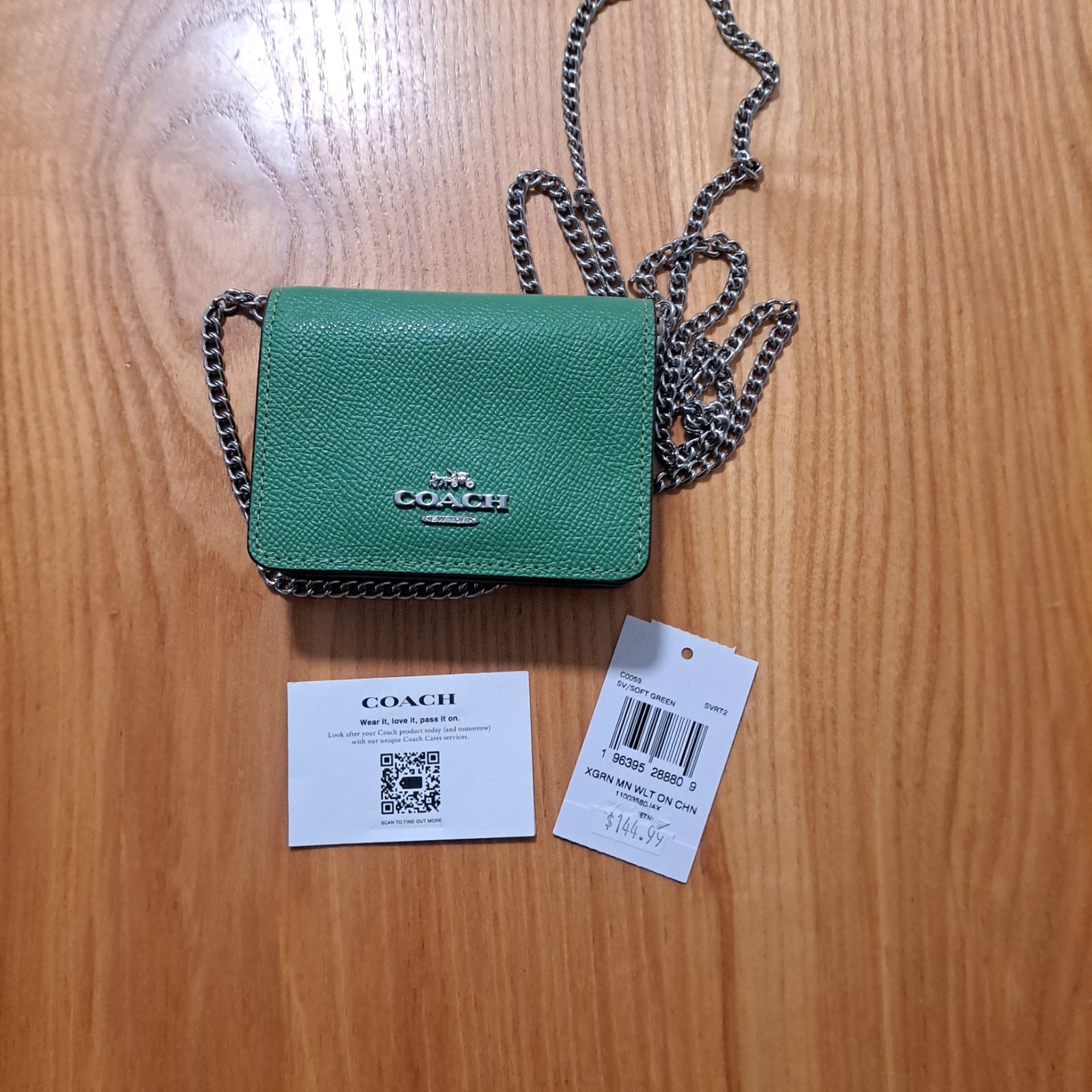 Coach Mini Wallet C0059 Soft Green Leather Silver Metallic Crossbody Chain