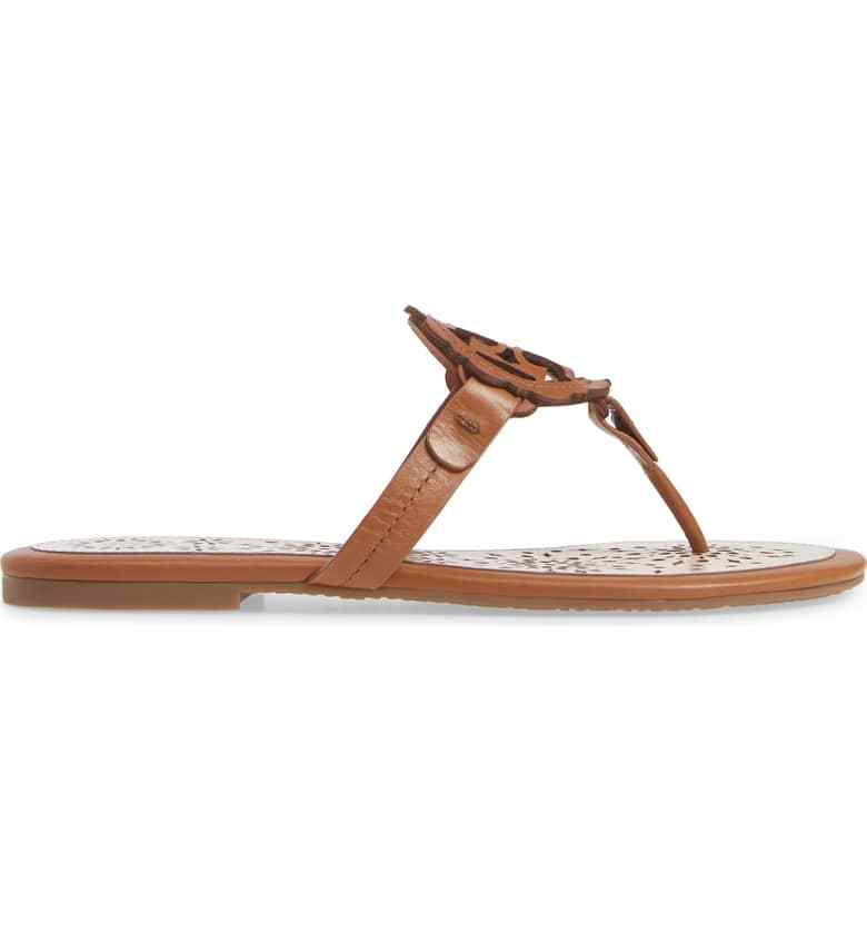 NIB Tory Burch Miller Leather Scallop Logo Flat Sandal Thong Tan/Cream $228