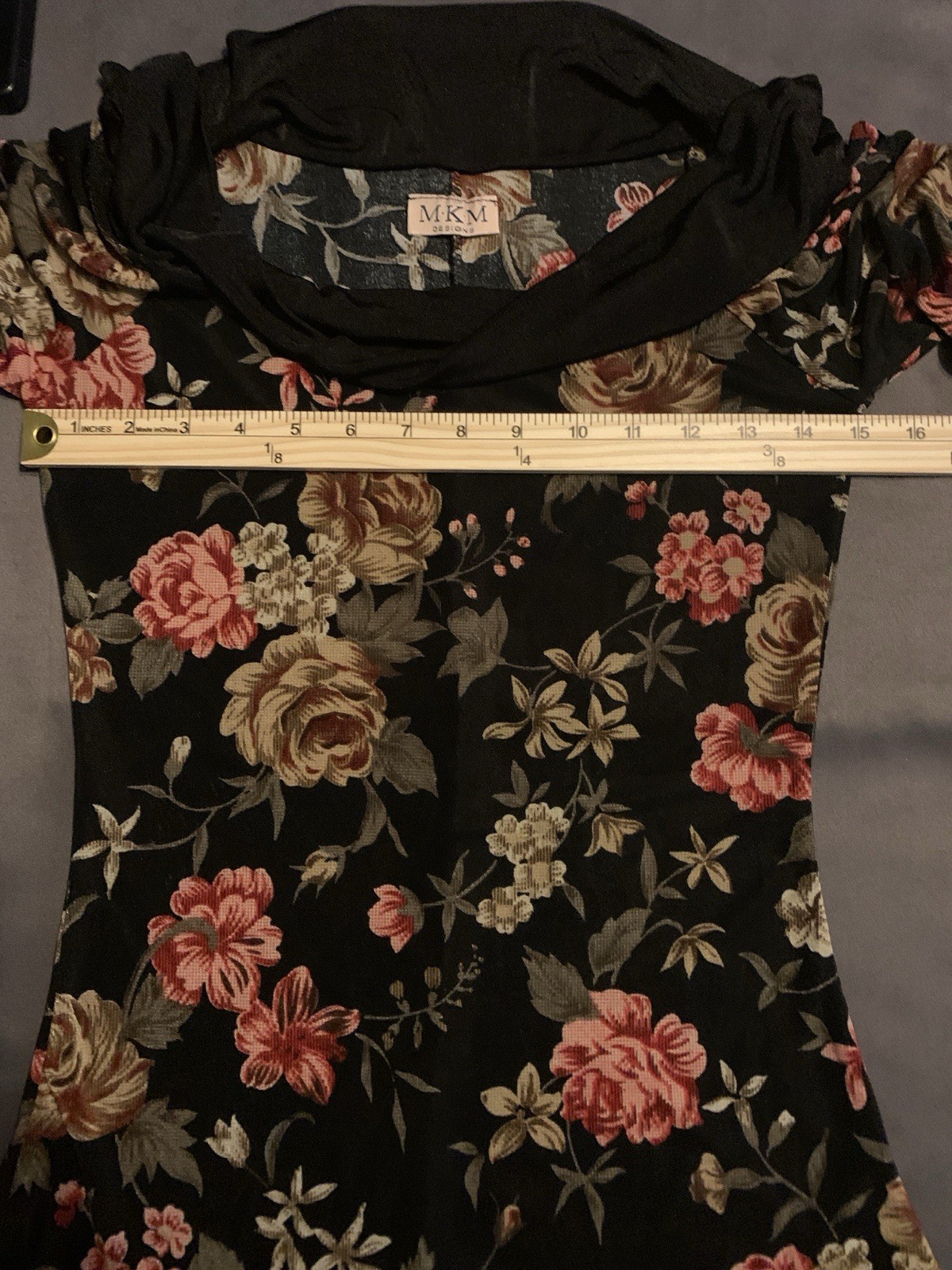 MKM Designs Black Floral Off Shoulder Long Sleeve Stretch Knit Tunic Women’s S