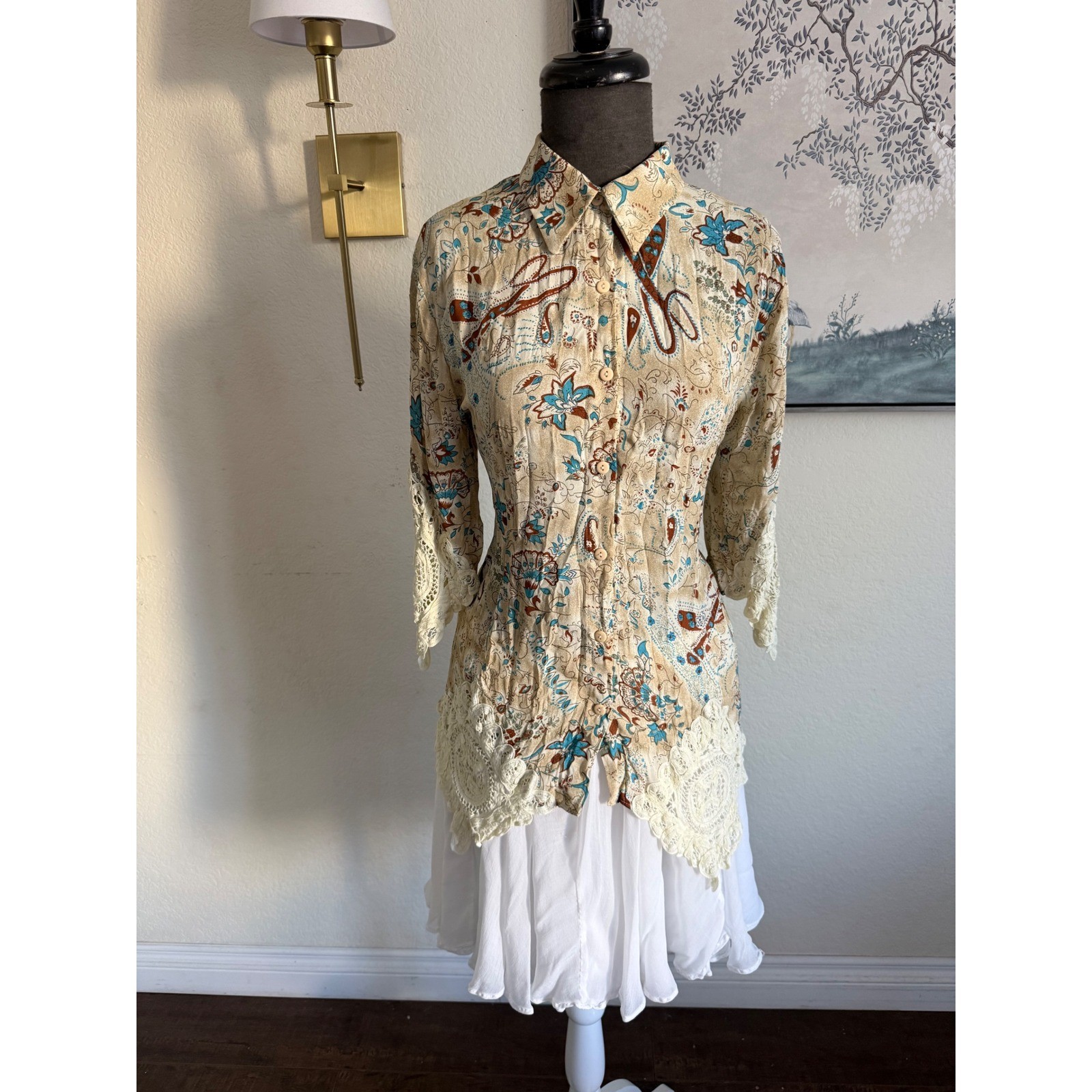 Dress-U by Sharon Womens Boho Paisley Floral Lace Trim Button Down Blouse Tan L