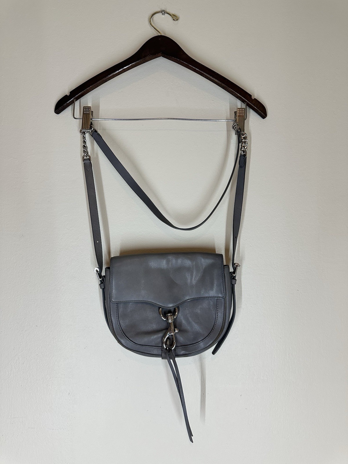 Rebecca Minkoff Vanity Large Saddle Bag Gray Leather Crossbody Shoulder Purse