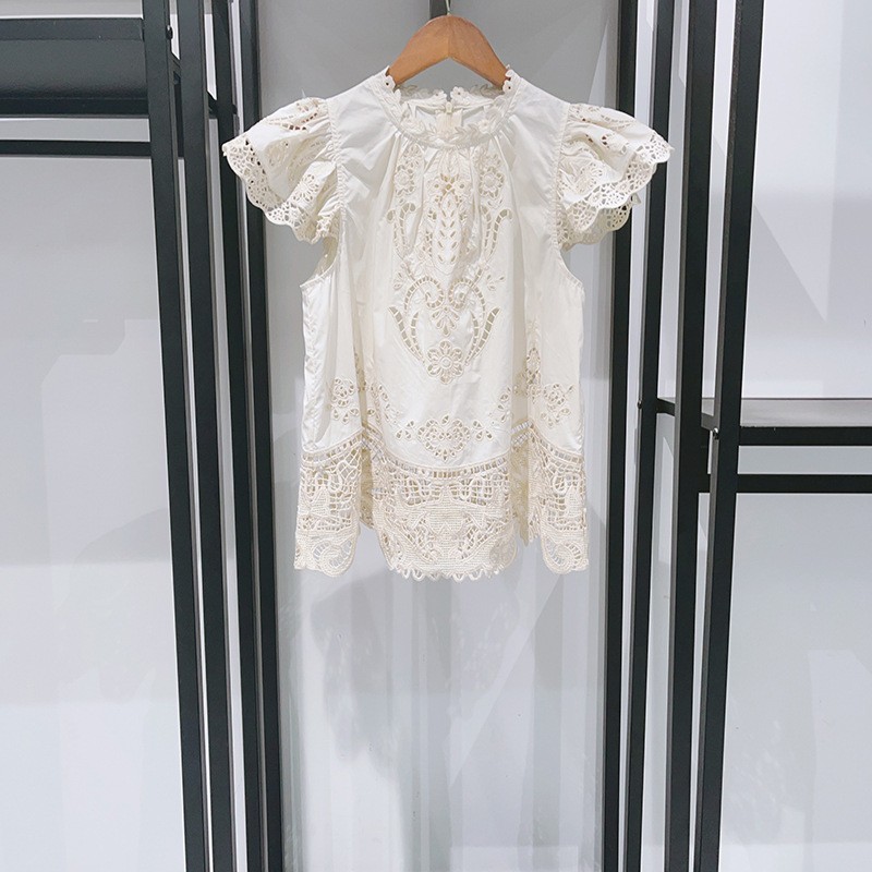 Sea New York Crochet Lace Eyelet Top Flutter Sleeve Boho Romantic Blouse
