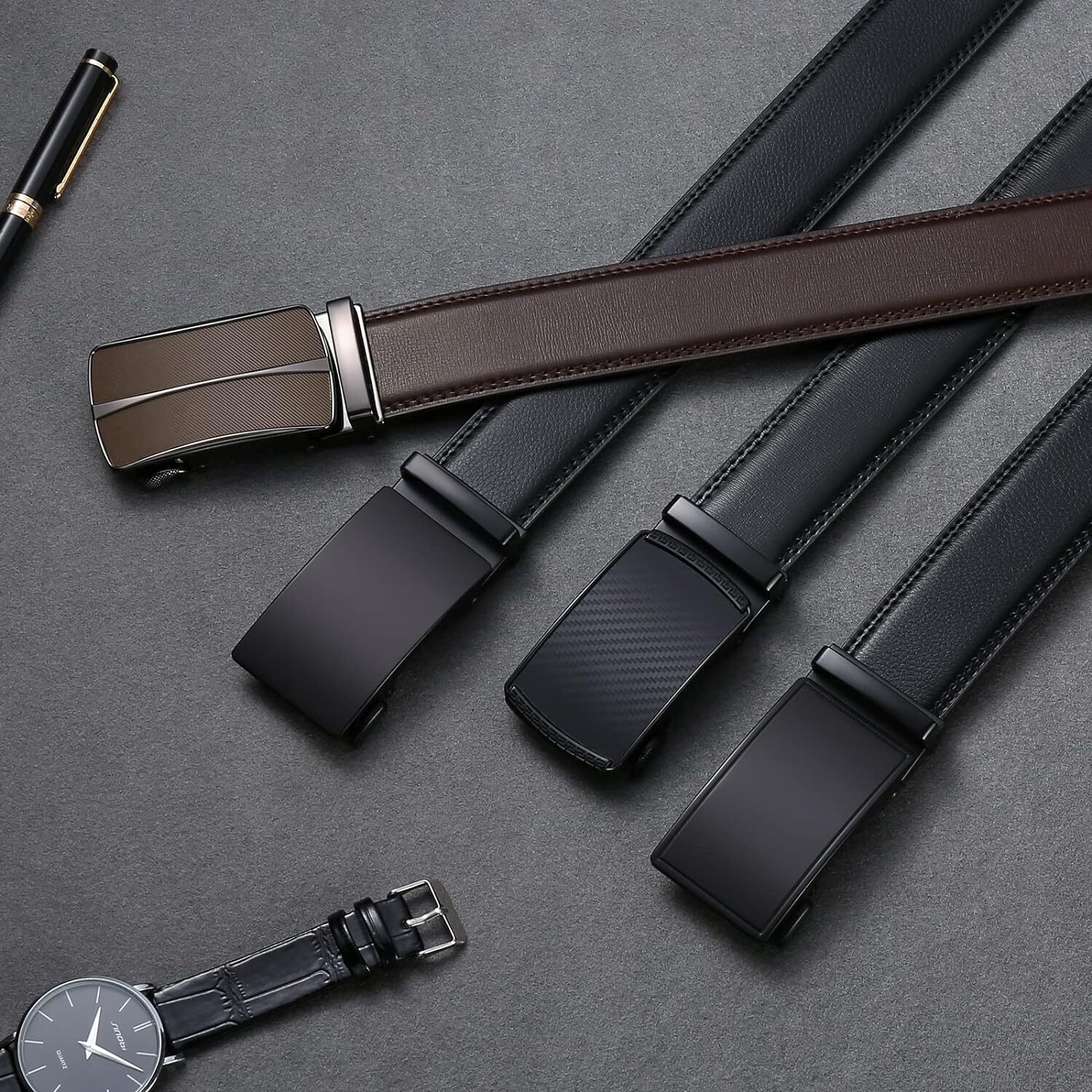Men’S Leather Belt Automatic Ratchet Buckle Slide Belt Trim to Fit with Gift Box
