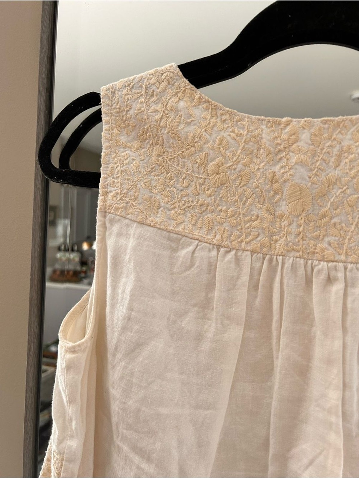 Madewell White 100% Linen Tank Dress with Light Beige Embroidery Accents