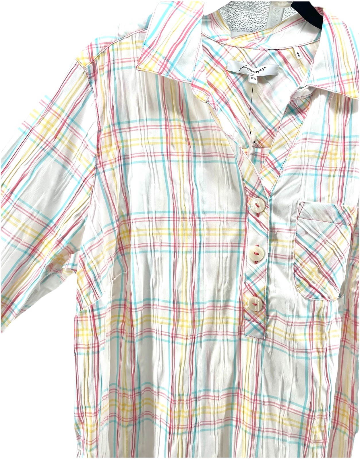 Foxcroft NYC Delaney Crinkle Plaid Dress Plus Size 14W NEW Pastel Summer Pockets