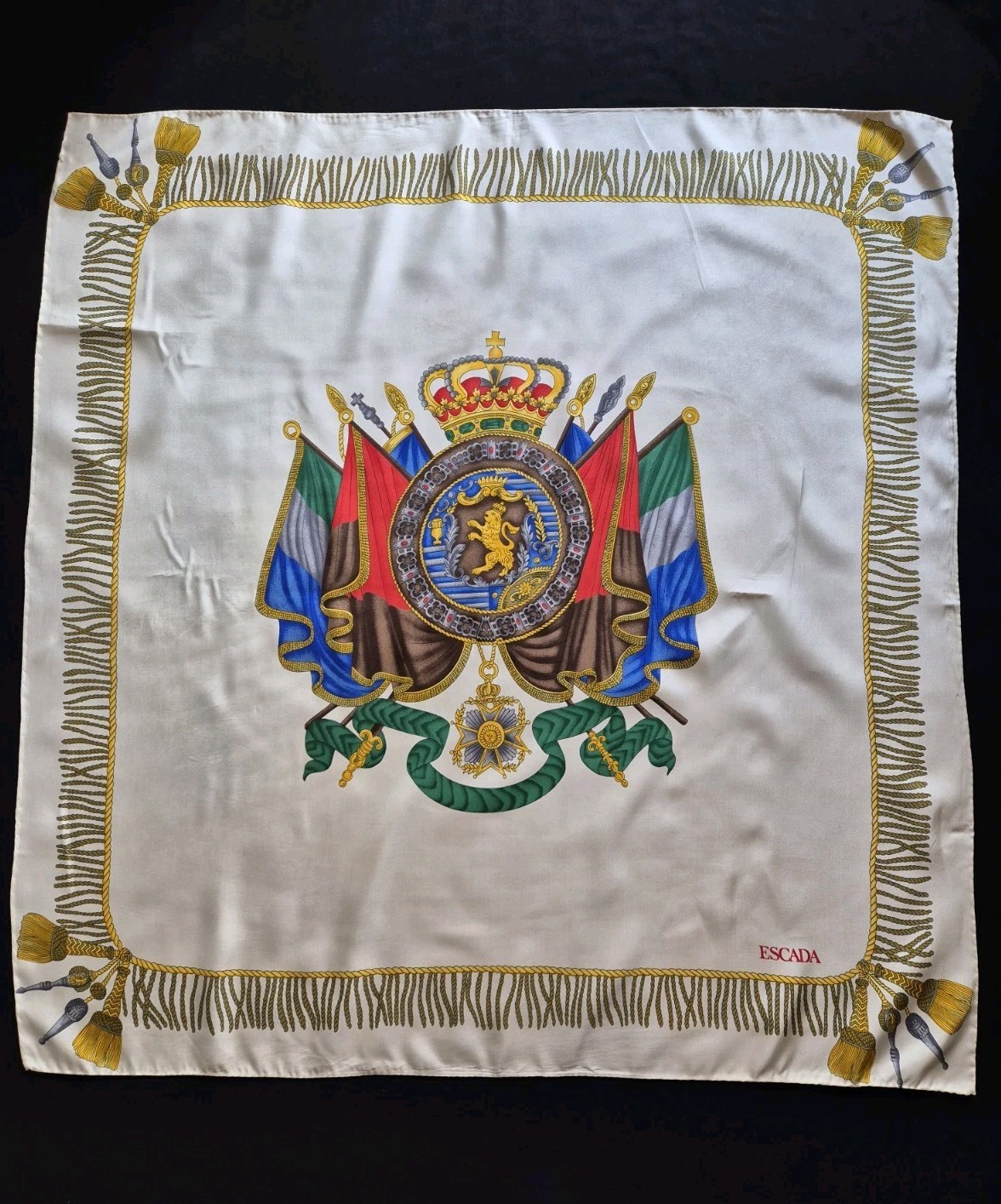 ESCADA 82cm Vintage Silk Square Scarf Family Crest Shield Cream Yellow Tassel