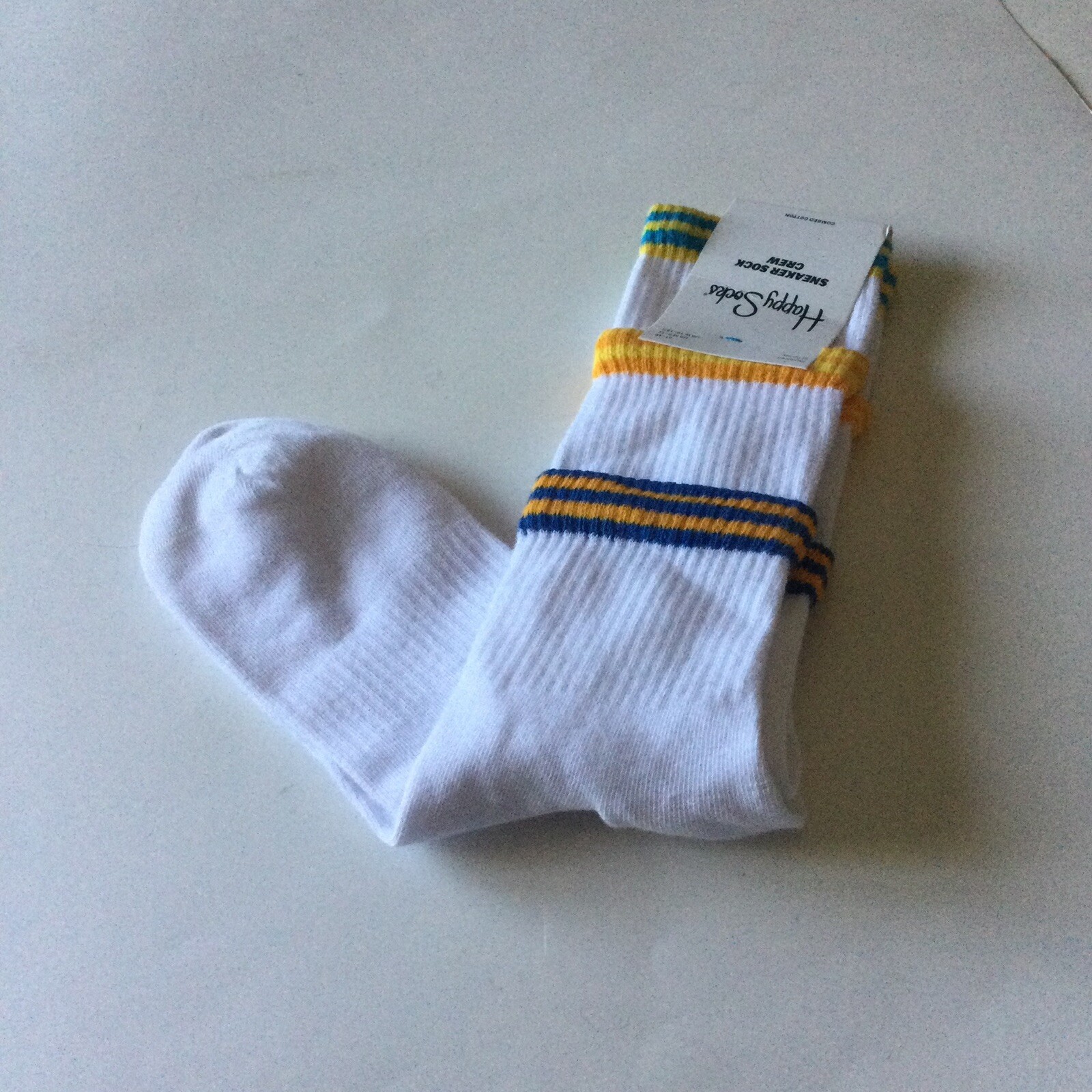 HAPPY SOCKS COLOR CUFF MENS SNEAKER CREW SOCKS WHITE WITH MULTI M/L NWT