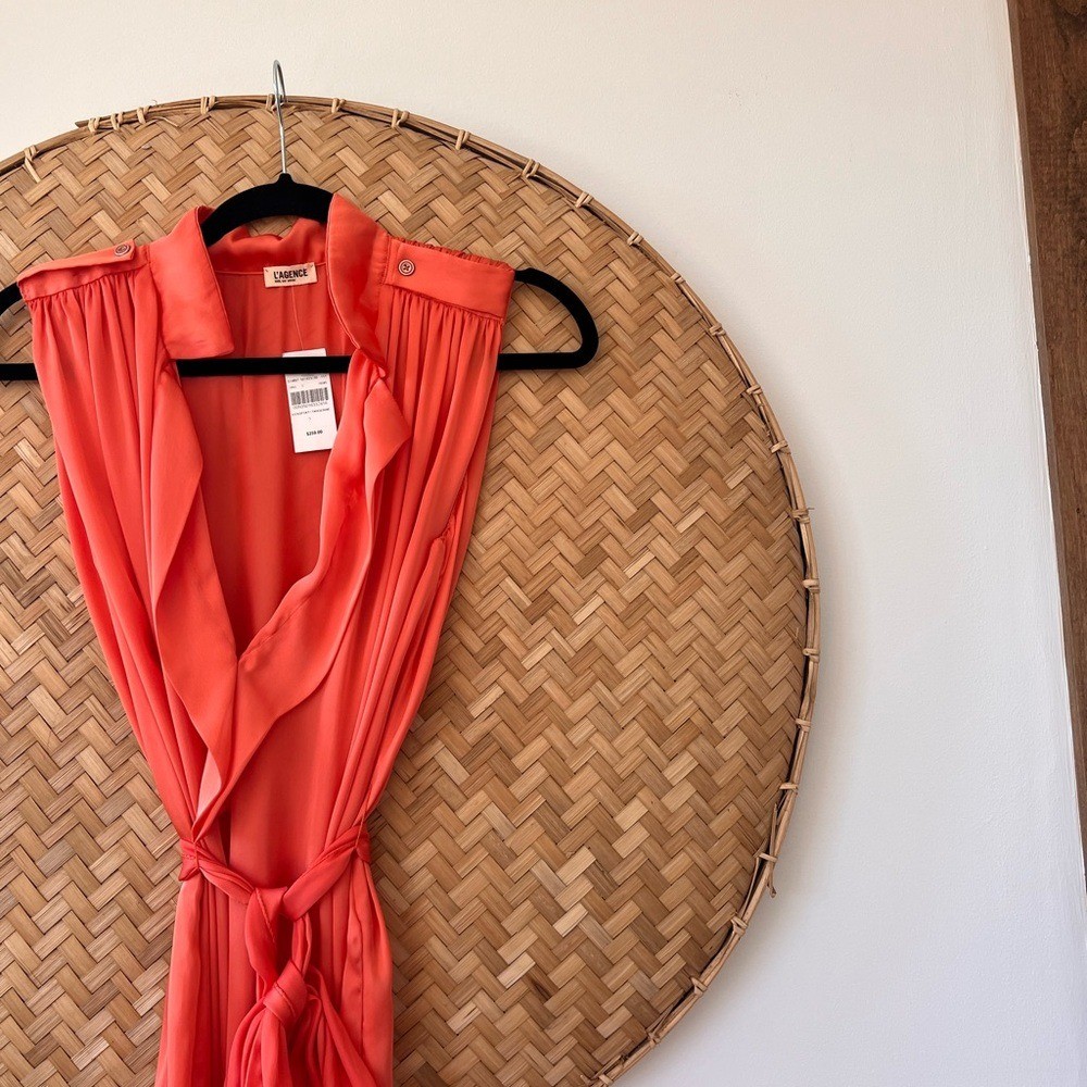 L’AGENCE STUNNING TANGERINE V-NECK FLOWY TIE FRONT MINI DRESS NWT COCKTAIL