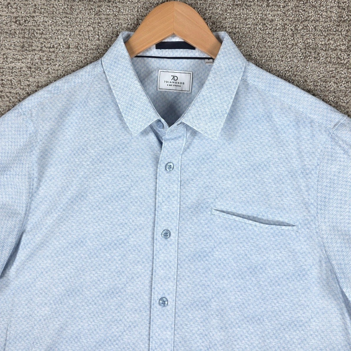 7 Diamonds Mens Medium Blue Geometric 4-Way Stretch Short Sleeve Button Shirt