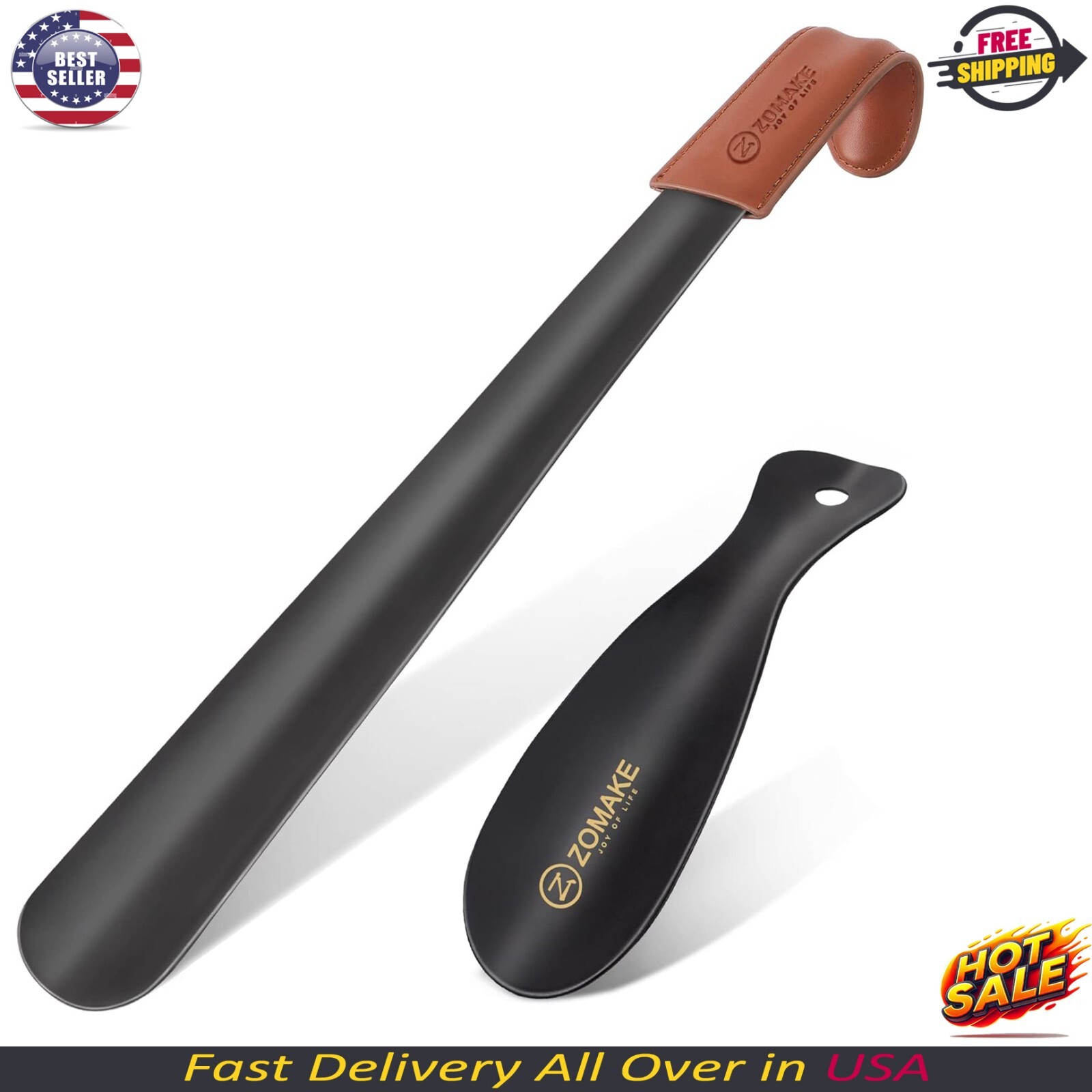 ZOMAKE Metal Shoe Horn Long Handle for Seniors 16.5 Inches with 7.5 Inches Trave