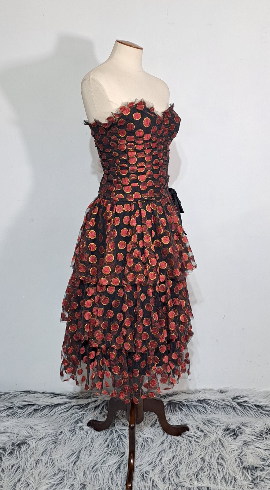 Vintage Bellville Sassoon Strapless Party Dress Ruched Tiered Skirt XS Metallic