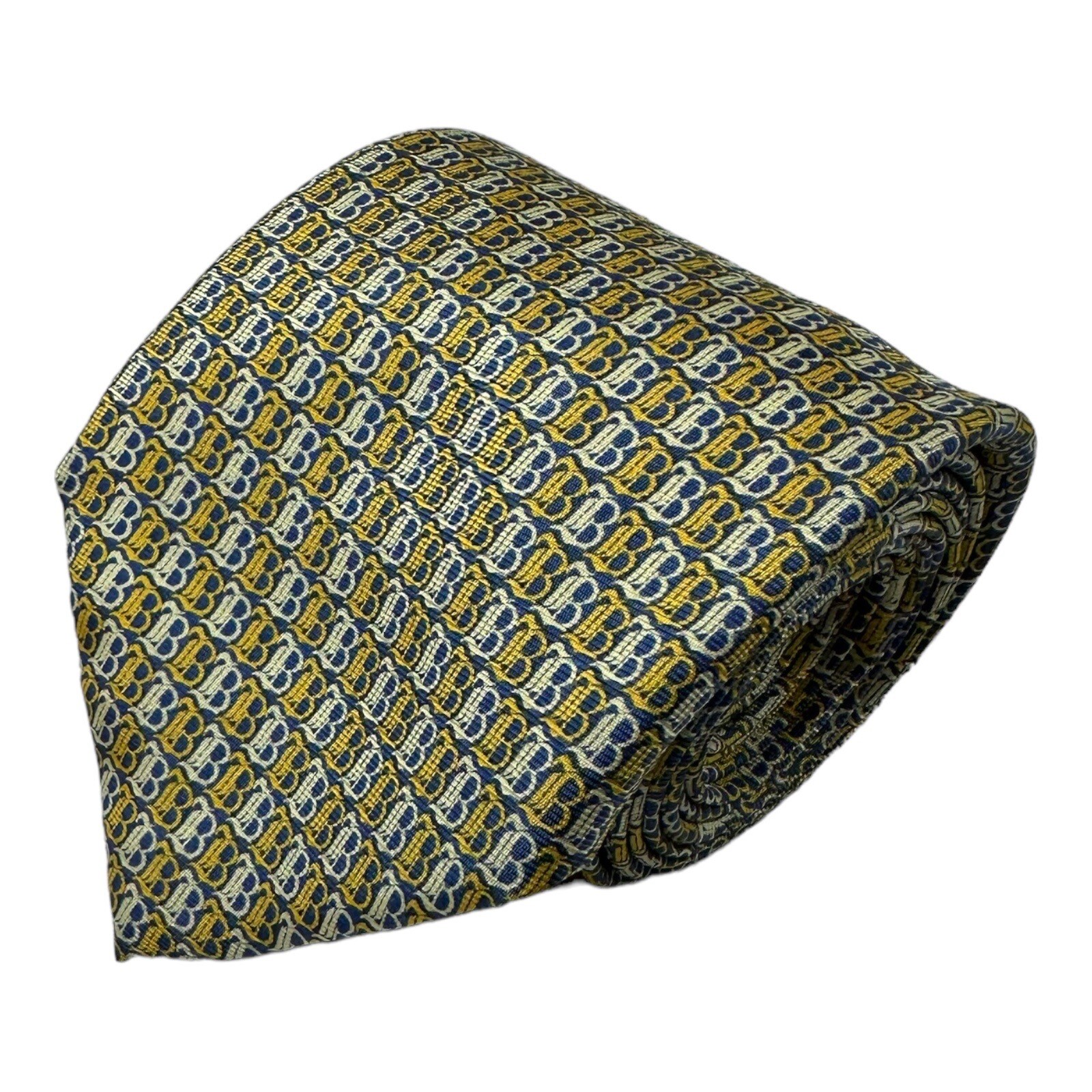 Boggi Milano Blue Yellow Monogram Pure Silk Mens Tie 3.5 Inches