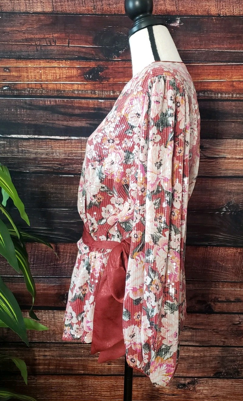 LC Lauren Conrad Plus Size 0X Sequin Puff Sleeve Wrap Top Blouse Belted Floral