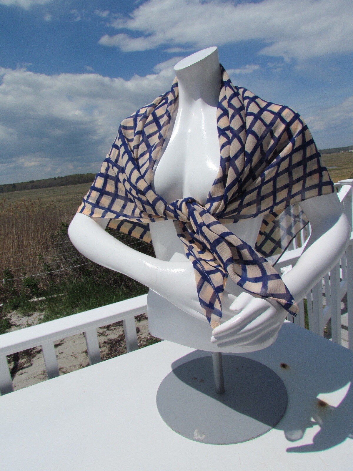 scarf 42” (107 cm) square beige royal blue geometric grid crepe large head tan