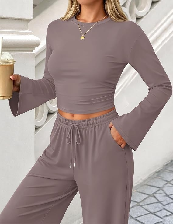 ZESICA Womens 2 Pc Lounge Set Ruched Bell Sleeve Top Wide Leg Pants Rose Taupe M