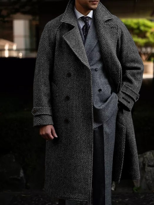 Herringbone Men’s Long Overcoat Tweed Formal Business Double Breasted Men Jacket