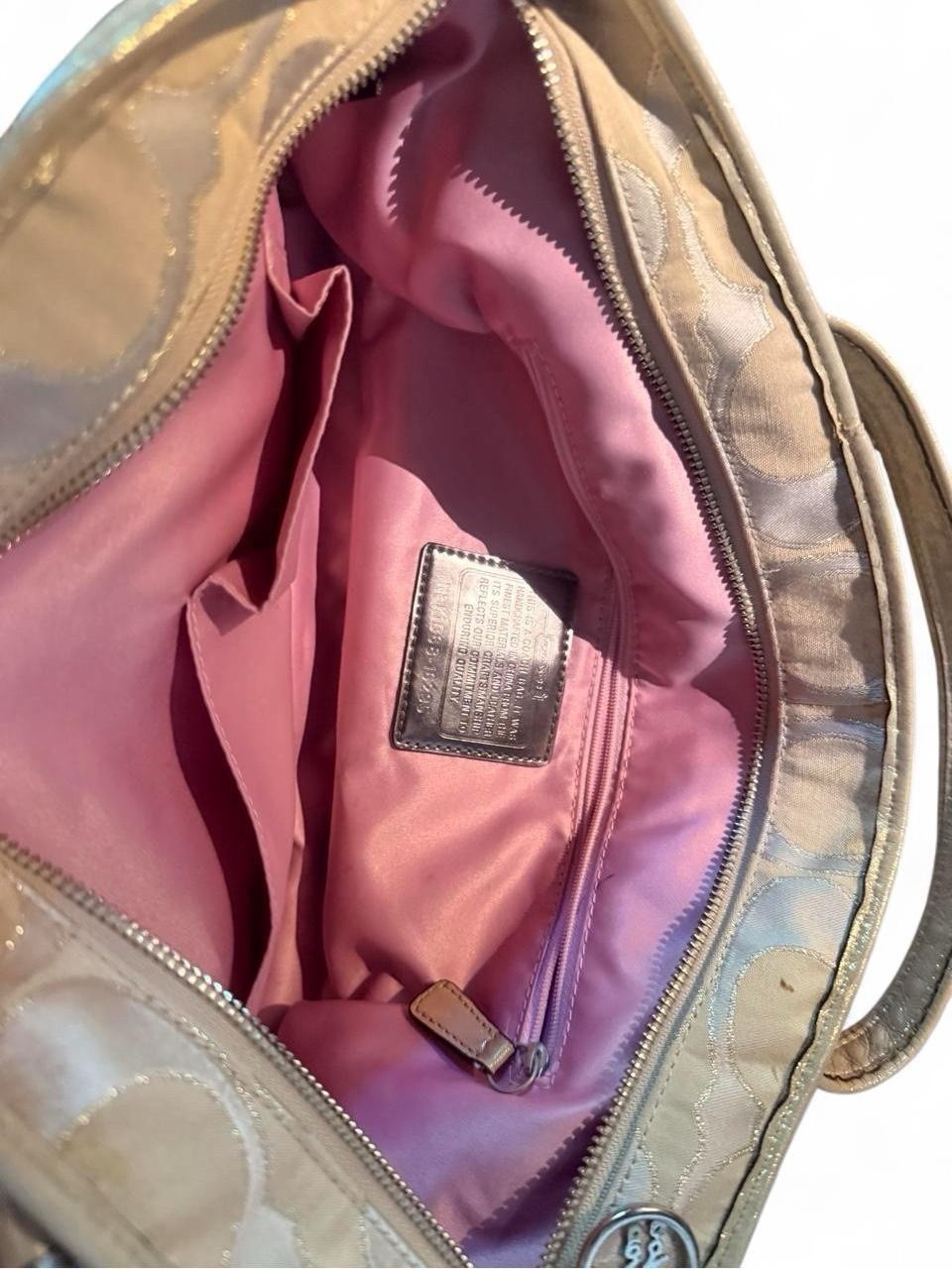 Coach Large Beige Signature Logo Tote Bag Zip Closure Pink Lining Charm