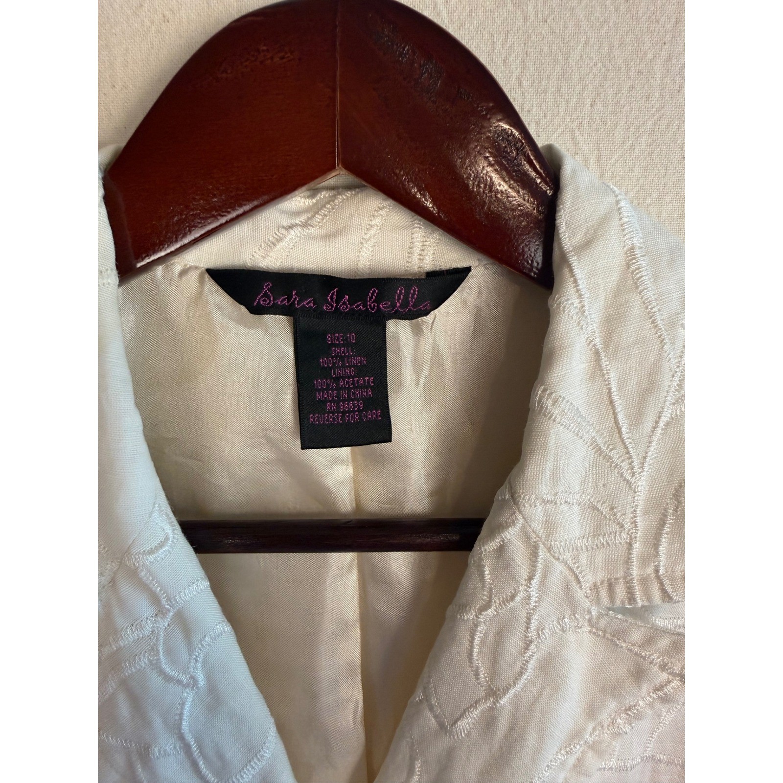 Sara Isabella Embroidered Women’s Medium White 100% Linen Blazer Preppy Coastal