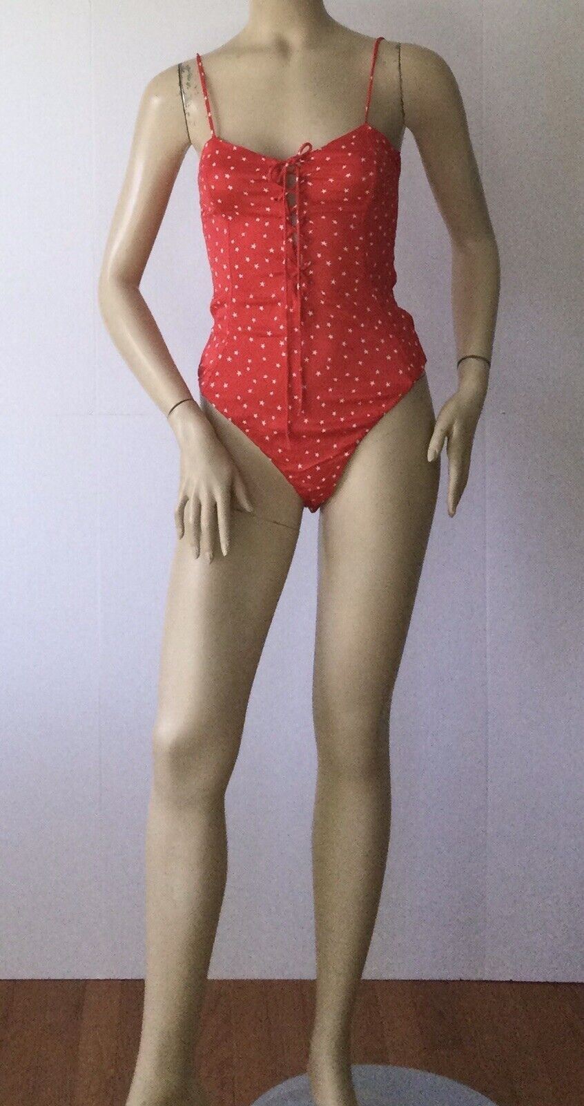 NEW ZARA Red & White Star Lace Up Snap Crotch Bodysuit (Size XS)
