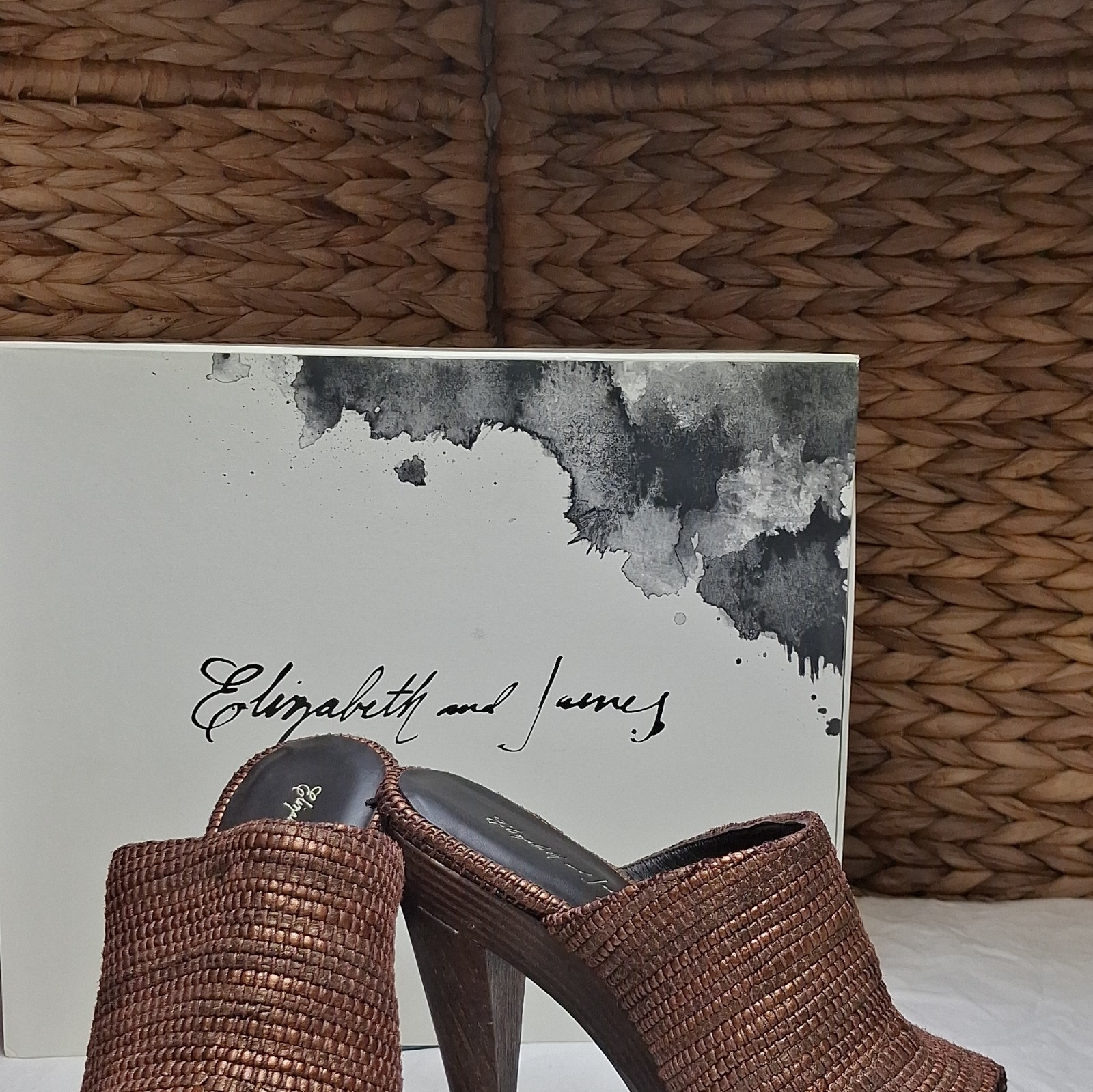 Elizabeth and James Bronze Leather Woven Platform Mule Open Toe Stiletto 7.5