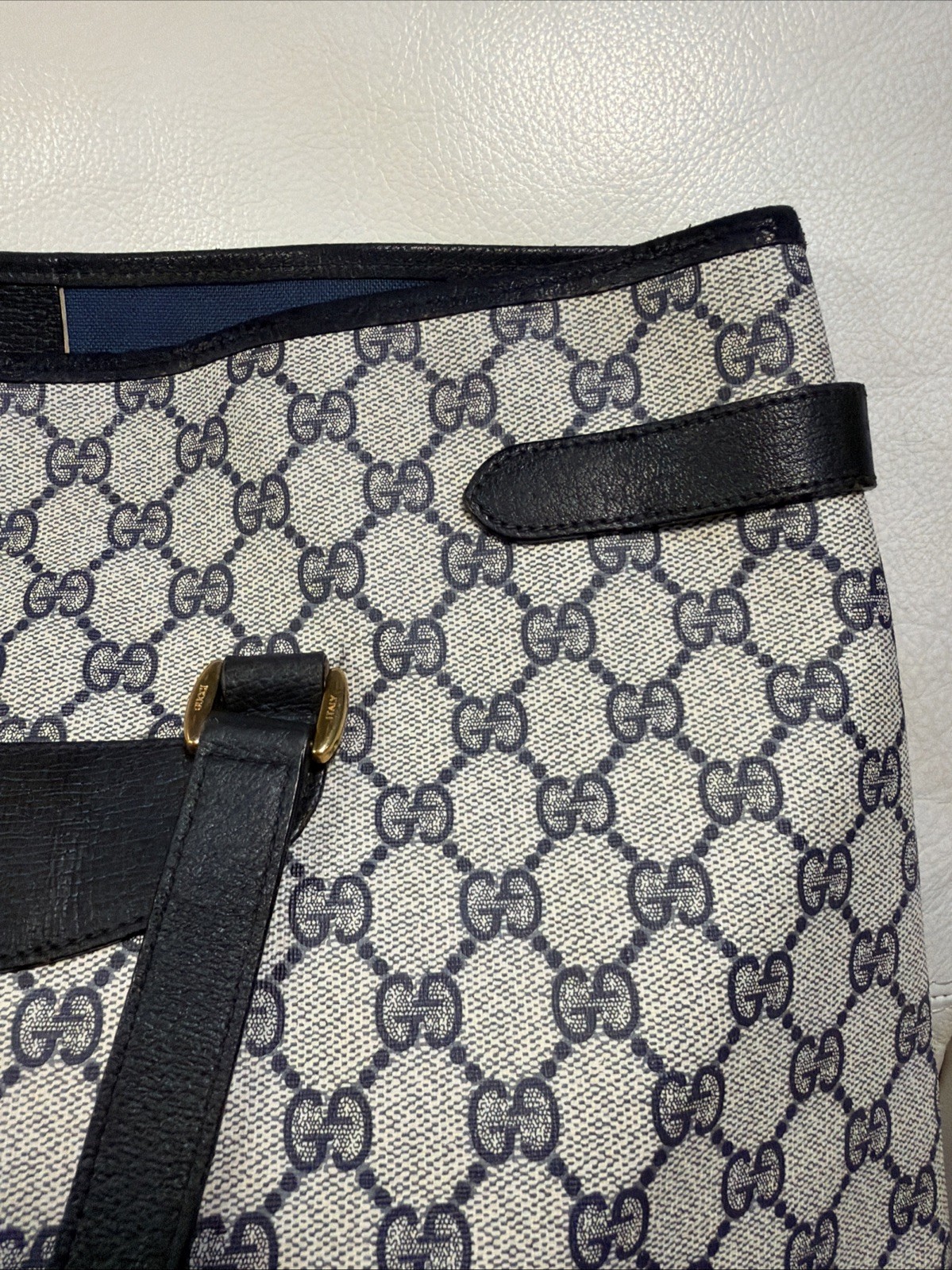 Gucci Tote Shoulder Bag Coated Canvas Gray Navy GG Pattern Accessories Collectio