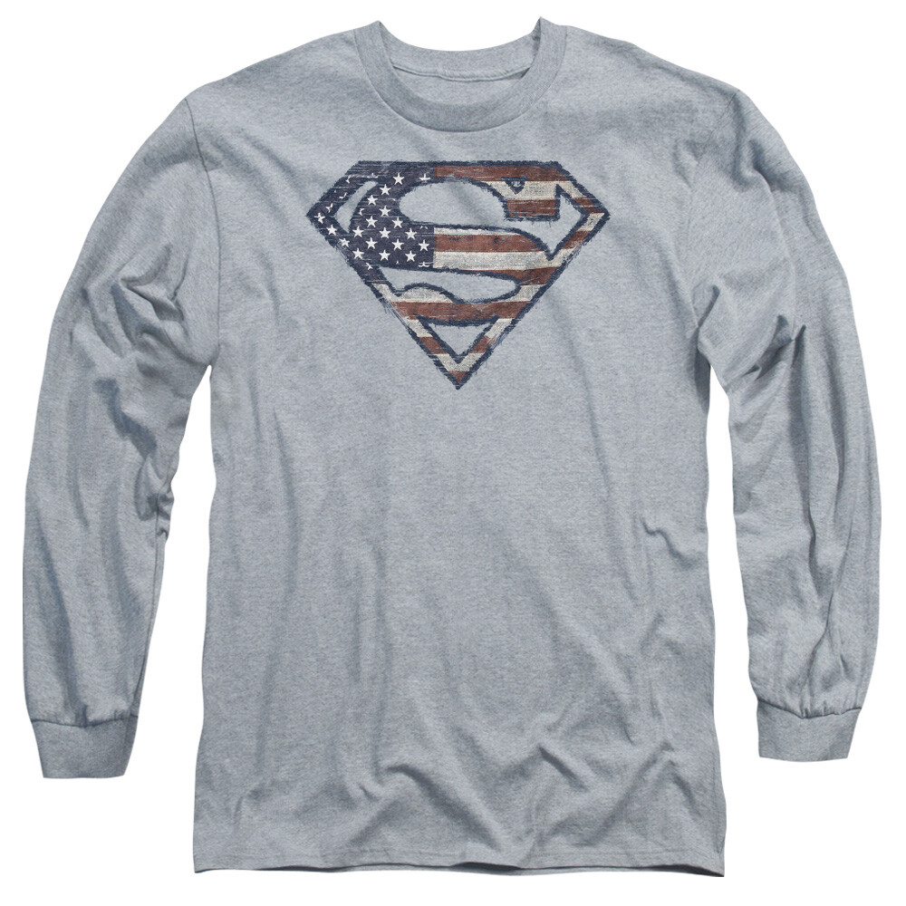 SUPERMAN WARTORN FLAG Licensed Men’s Long Sleeve Graphic Tee Shirt SM-3XL