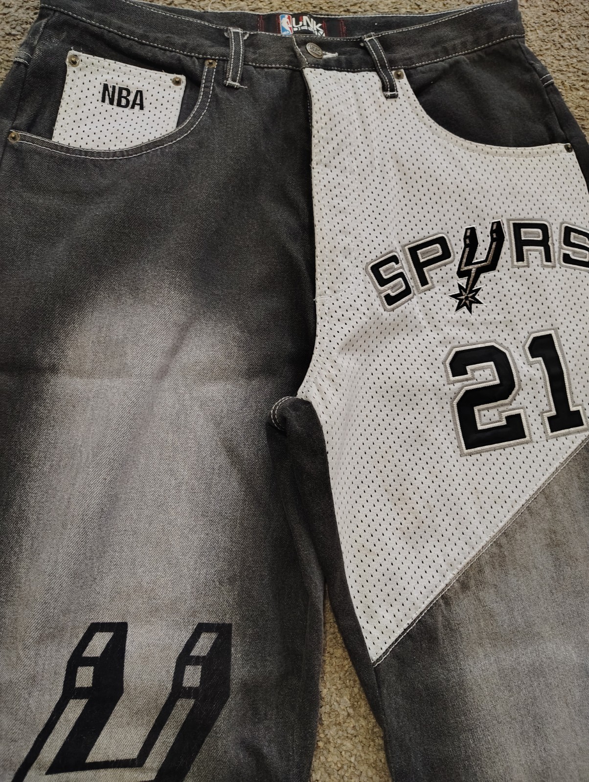 UNK Denim NBA Spurs Tim Duncan 21 Embroidered Straight Jeans Black White Men