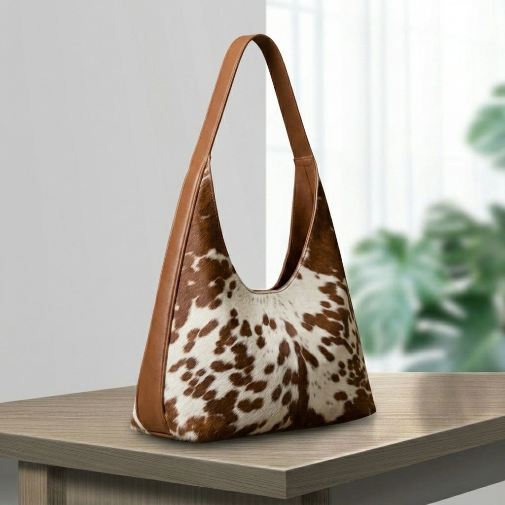 Genuine Cowhide Leather Tote Bag Handmade Brown & White Hair-On Purse new style