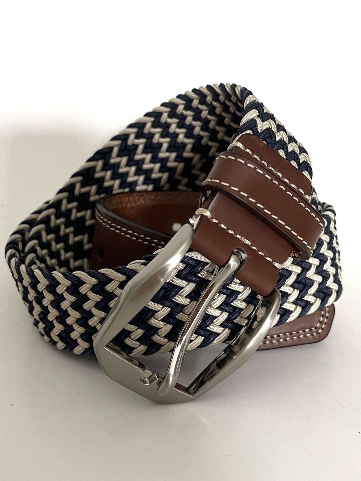 Martin Dingman Leather End Belt Beige Navy Tan Braided Woven Rope Size 34