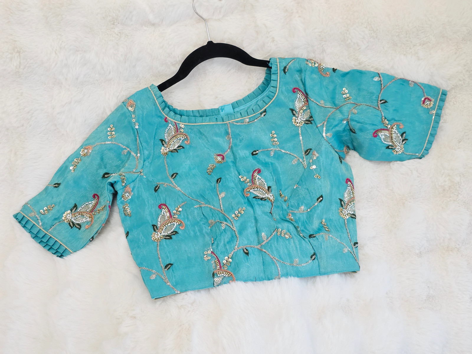Aqua Blue Tissue Fabric Embroidered Sequins Designer Blouse